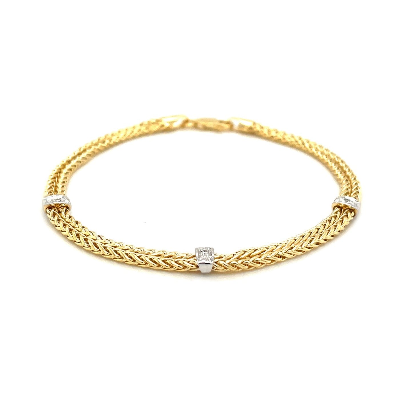 14k Two-Tone Gold Dual Wheat Chain Bracelet with Diamond Stations (.02 cttw)-1