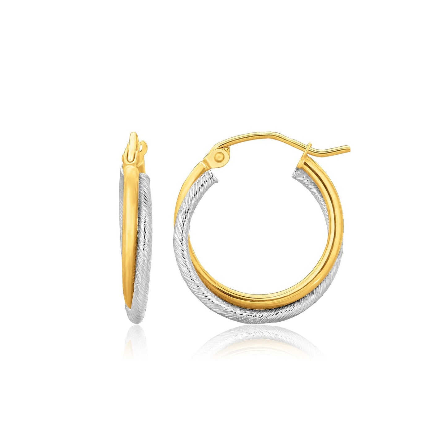 14k Two Tone Gold Double Polished and Textured Hoop Earrings-0