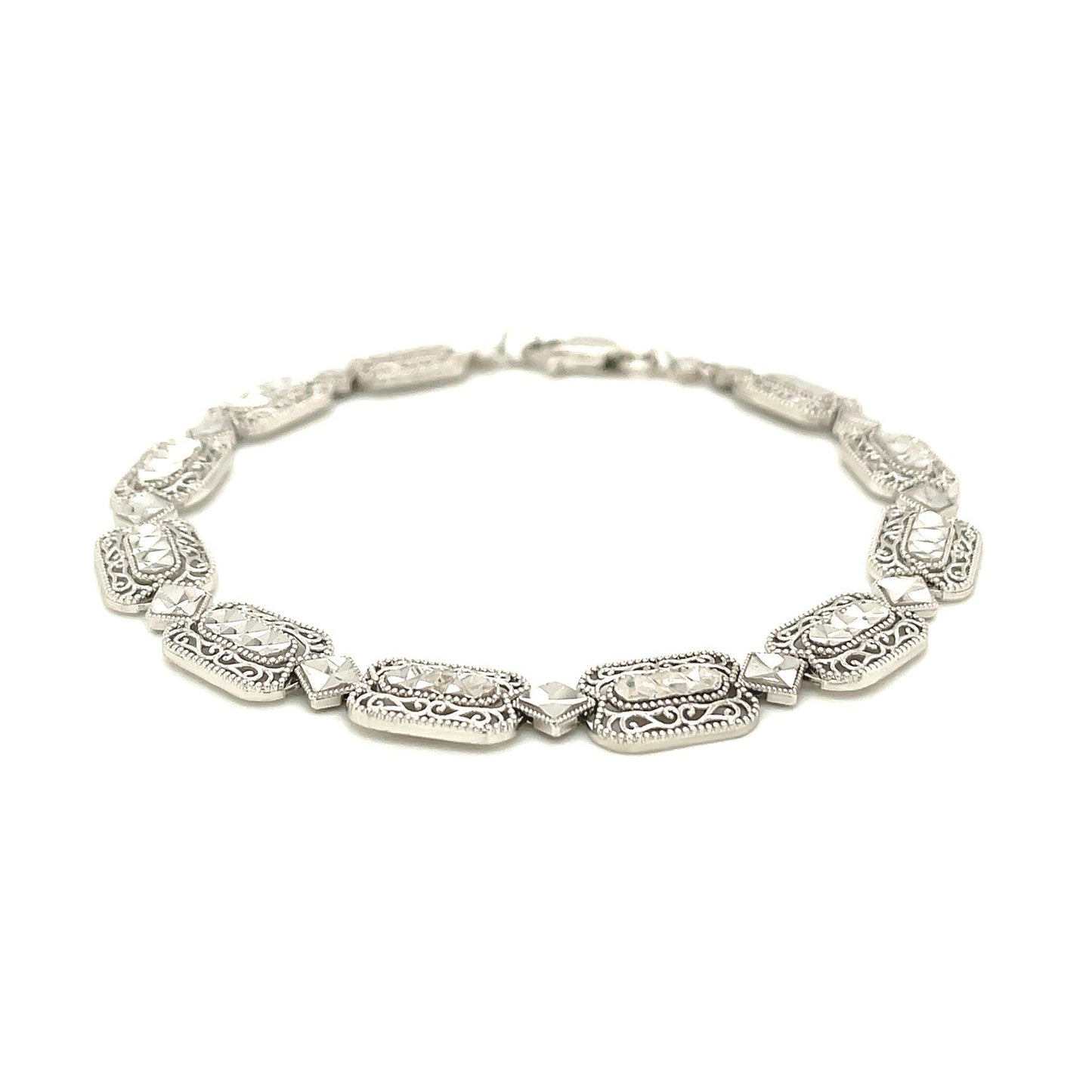 14k White Gold Antique Vintage Look Filigree Rectangular Link Bracelet-1