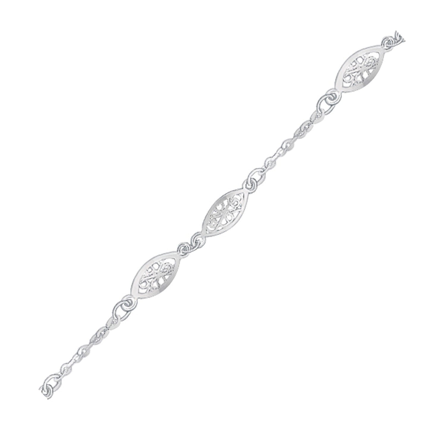 14k White Gold Filigree Marquise Stationed Anklet-1
