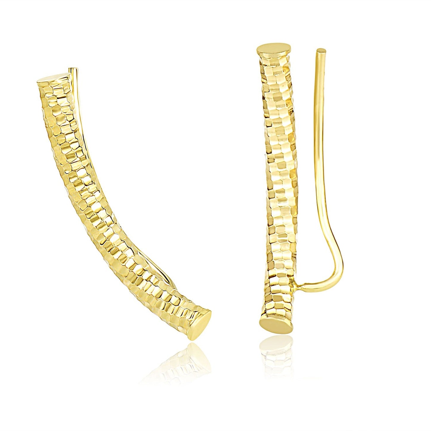 14k Yellow Gold Curved Tube Earrings with Diamond Cuts-0