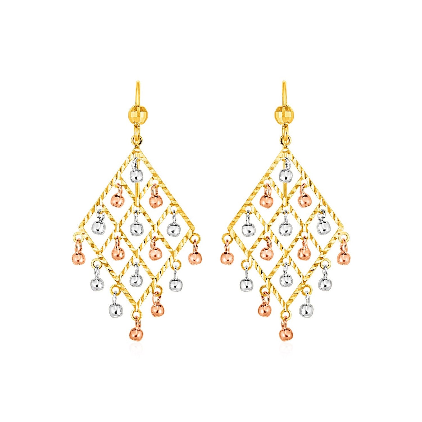 Textured Chandelier Earrings with Ball Drops in 14k Tri Color Gold-0