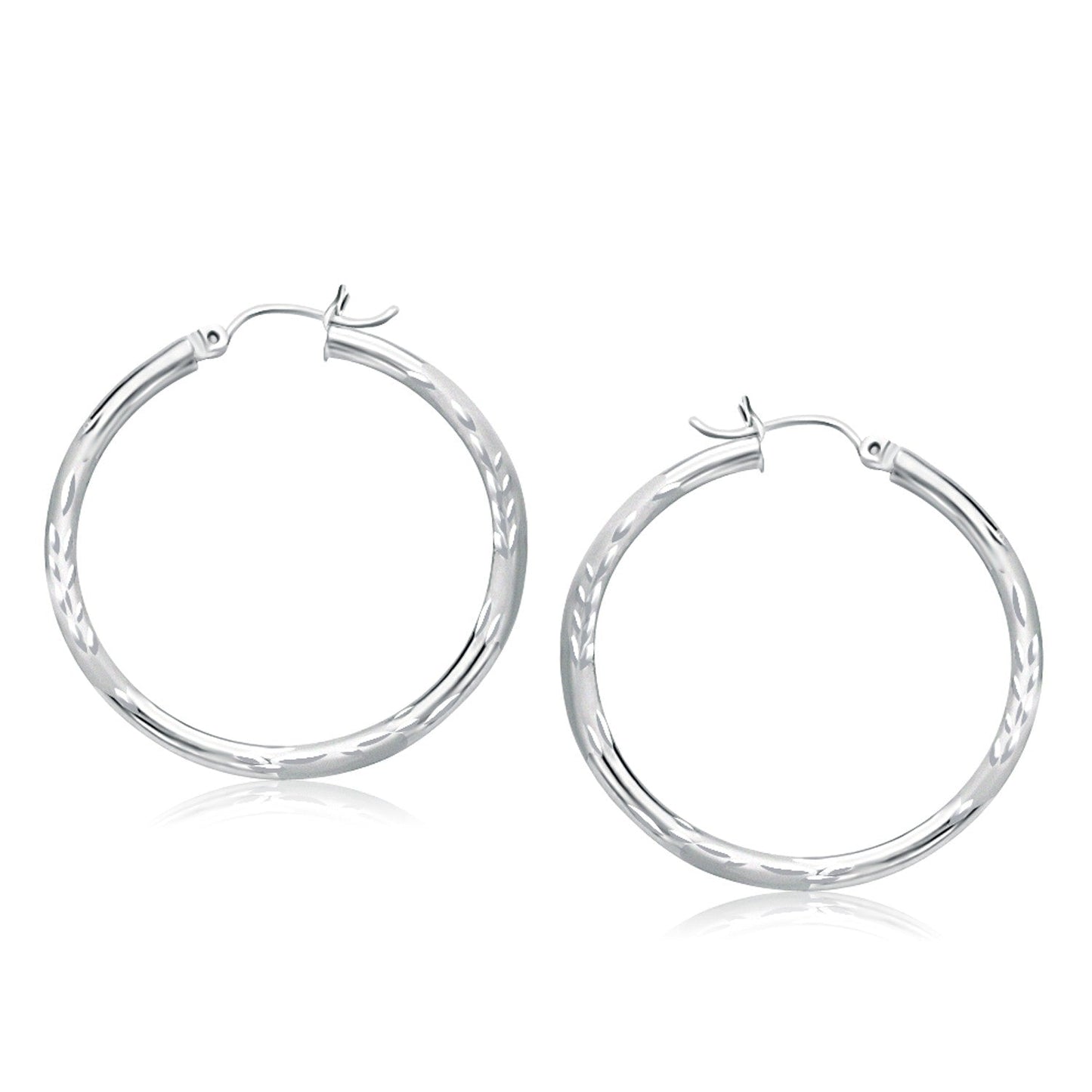 14k White Gold Fancy Diamond Cut Hoop Earrings (35mm Diameter)-0