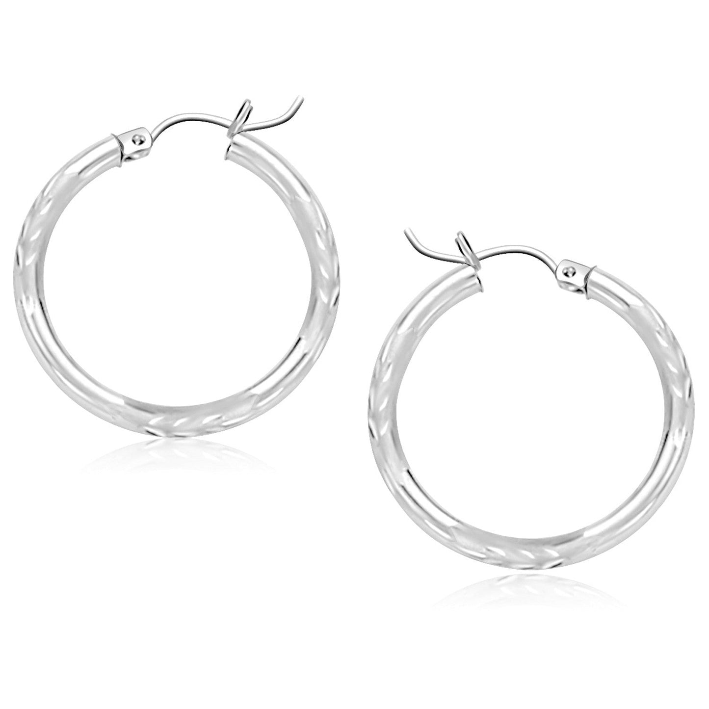 14k White Gold Diamond Cut Hoop Earrings (25 mm)-0