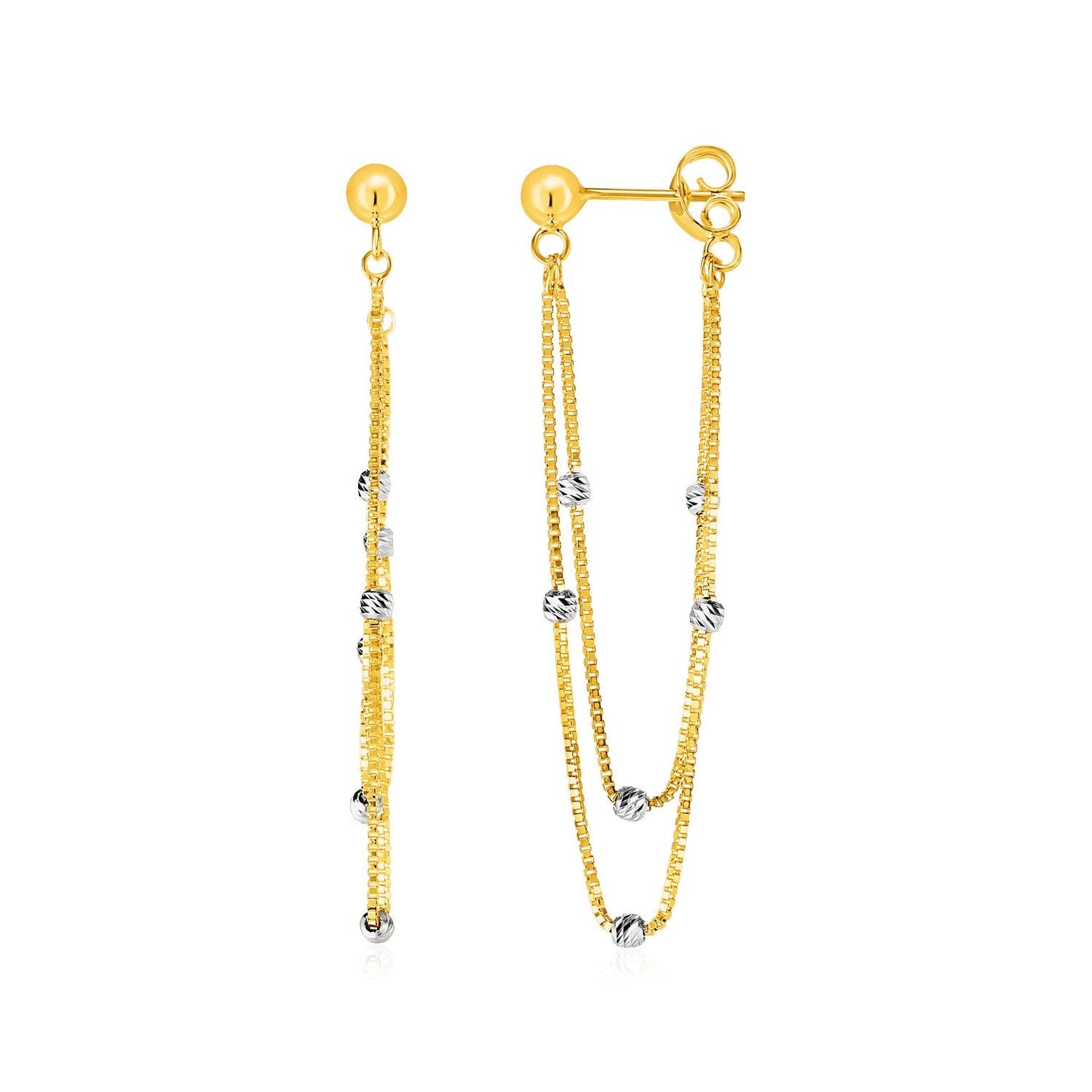 Hanging Chain Post Earrings with Bead Accents in 14k Yellow and White Gold-0