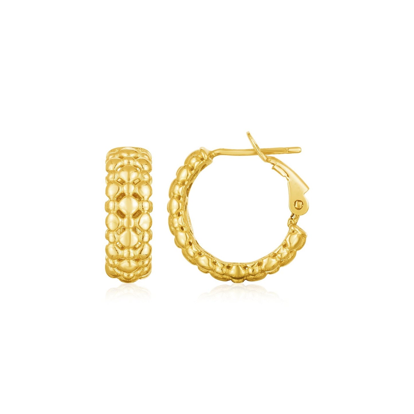 14k Yellow Gold Beaded Puffed Textured Hoop Earrings-0