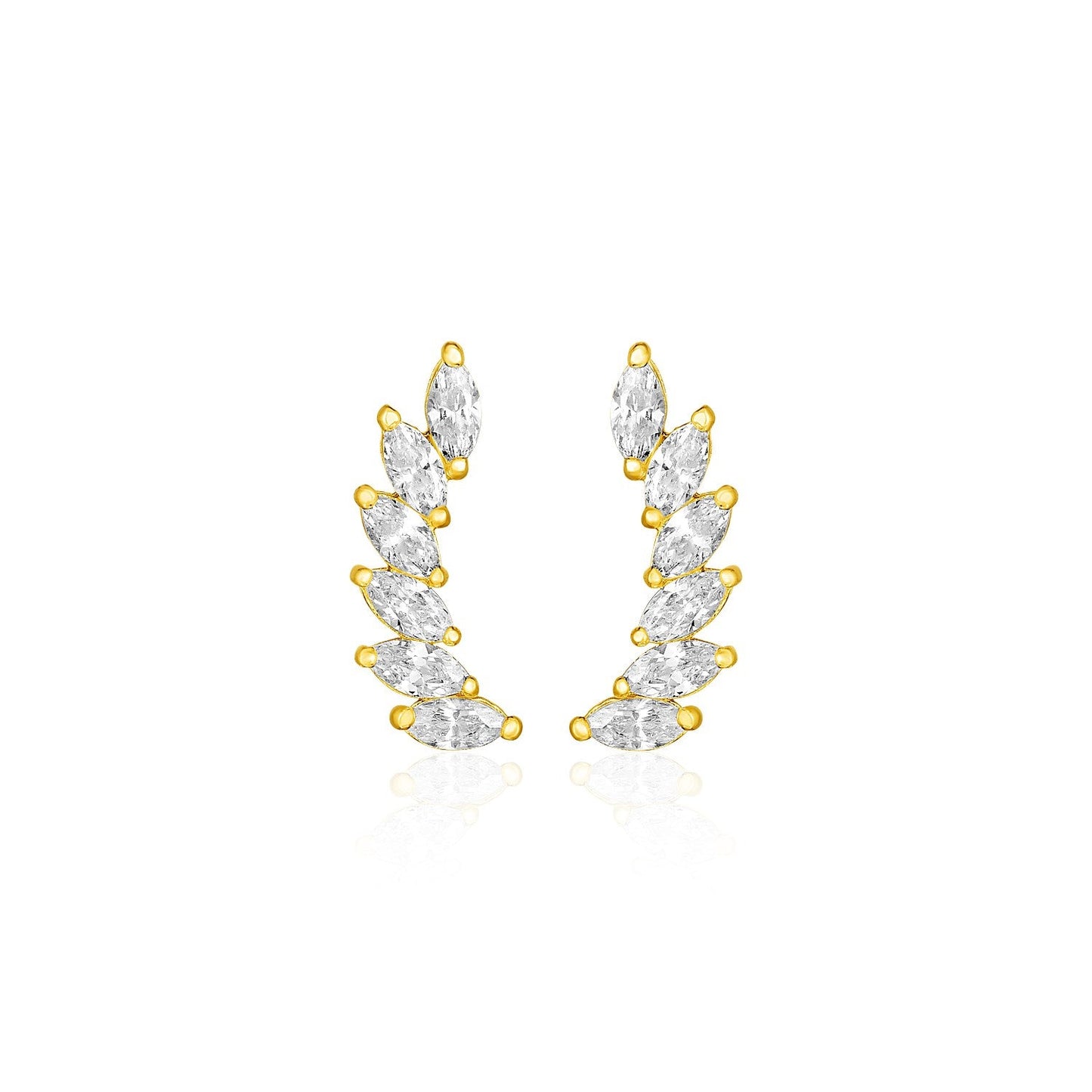 14k Yellow Gold Leaf Motif Climber Post Earrings with Marquise Cubic Zirconias-0