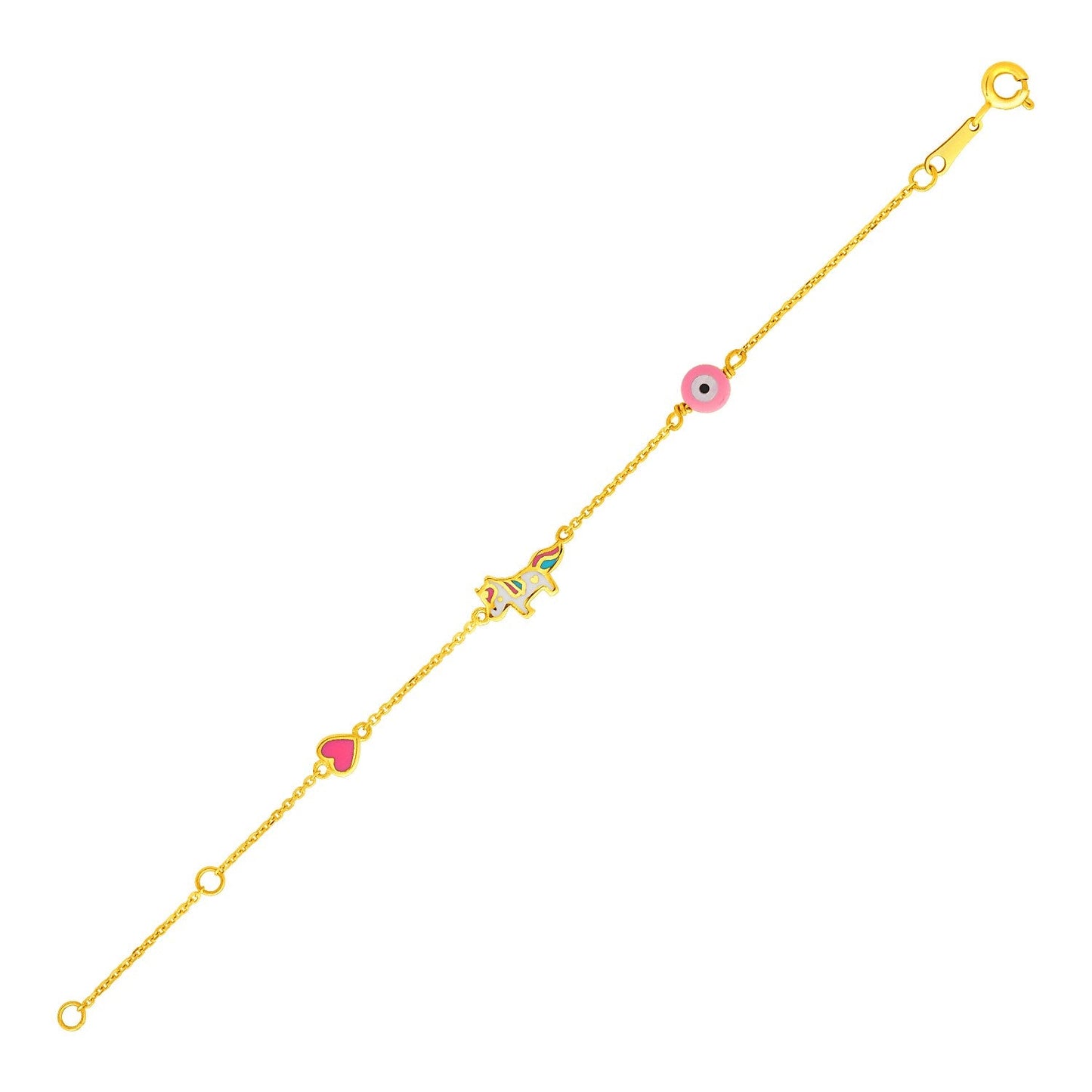 14k Yellow Gold 5 1/2 inch Childrens Bracelet with Enameled Heart Unicorn and Circle-0