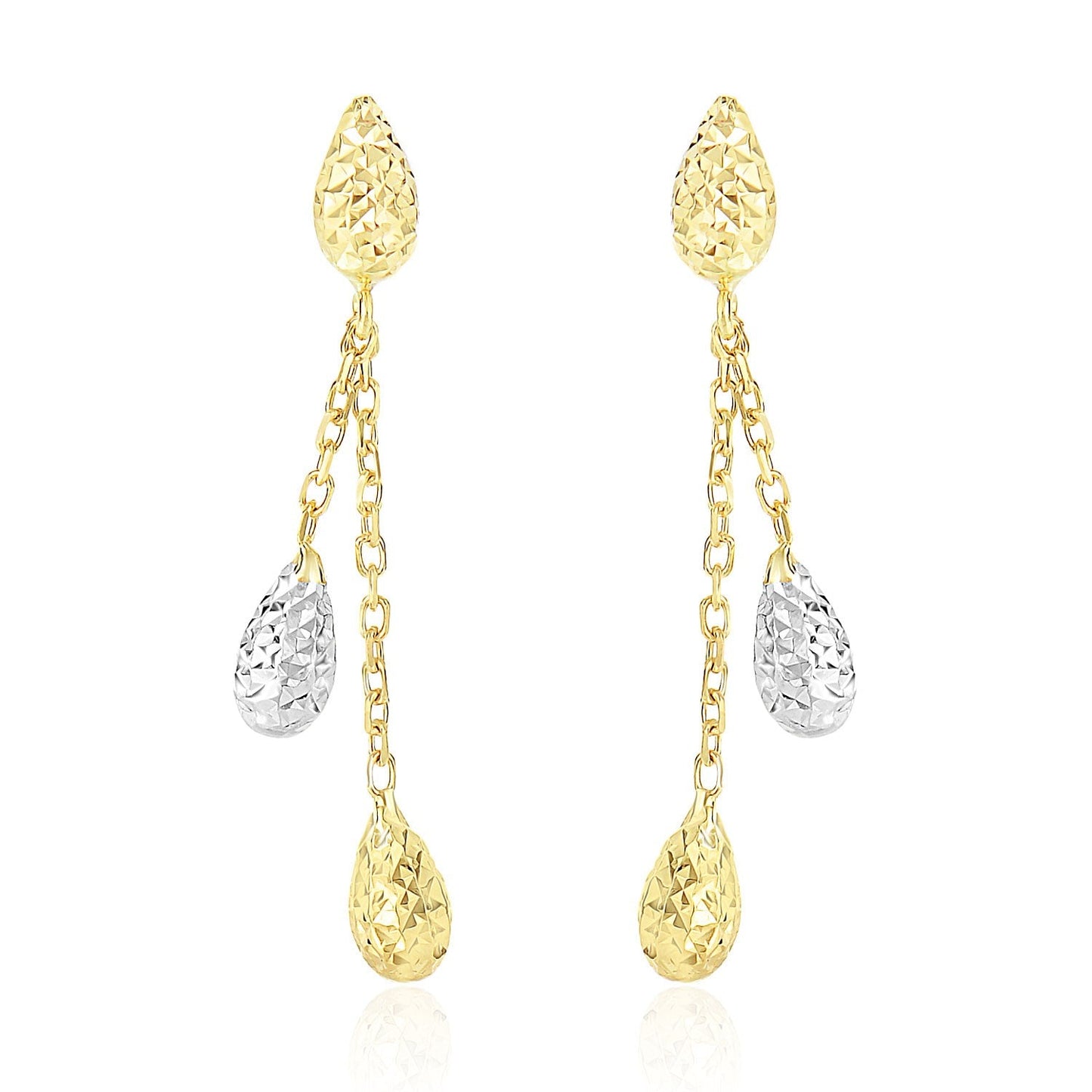 14k Two-Tone Gold Double Row Chain Earrings with Diamond Cut Teardrops-0