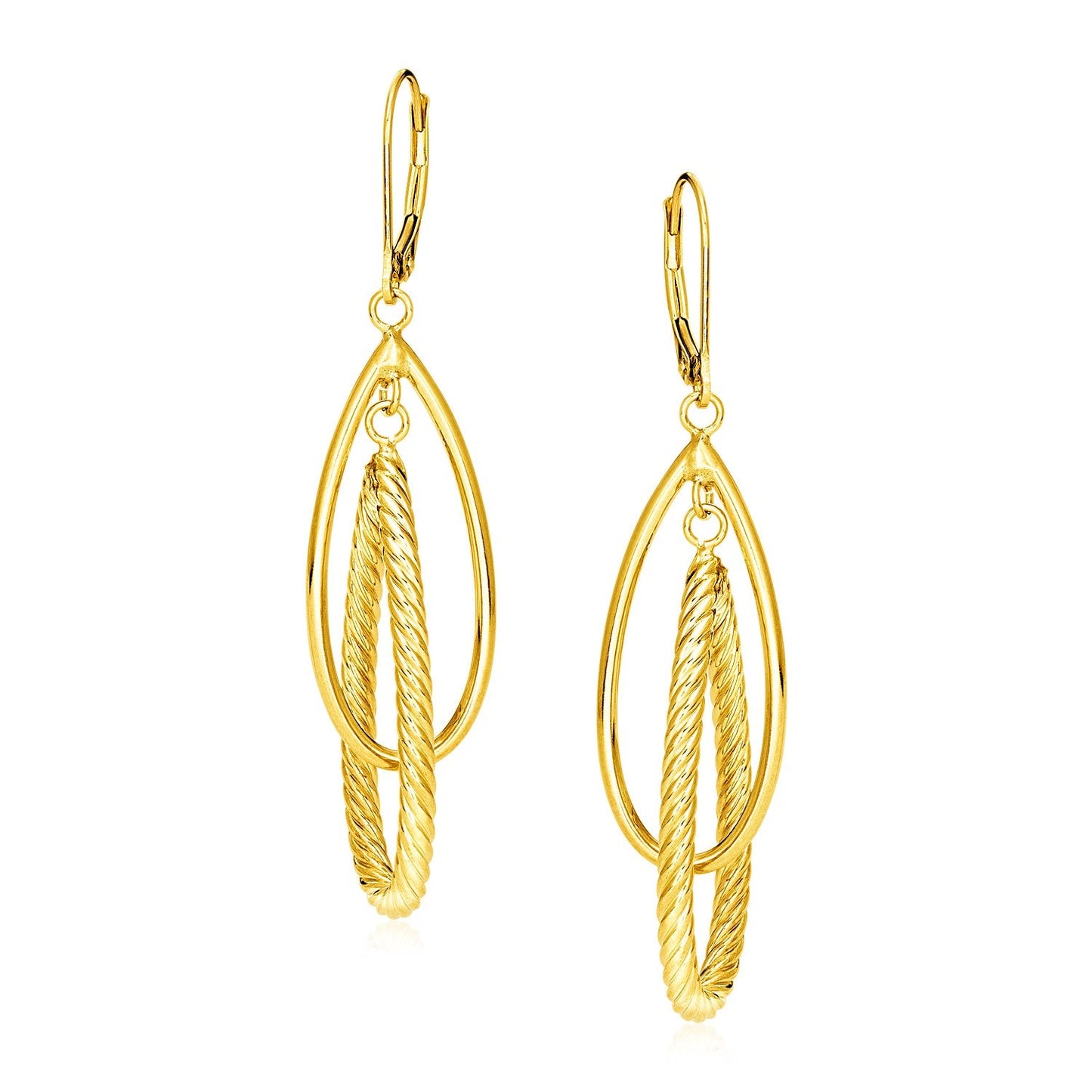 14k Yellow Gold Earrings with Shiny and Textured Teardrop Dangles-0