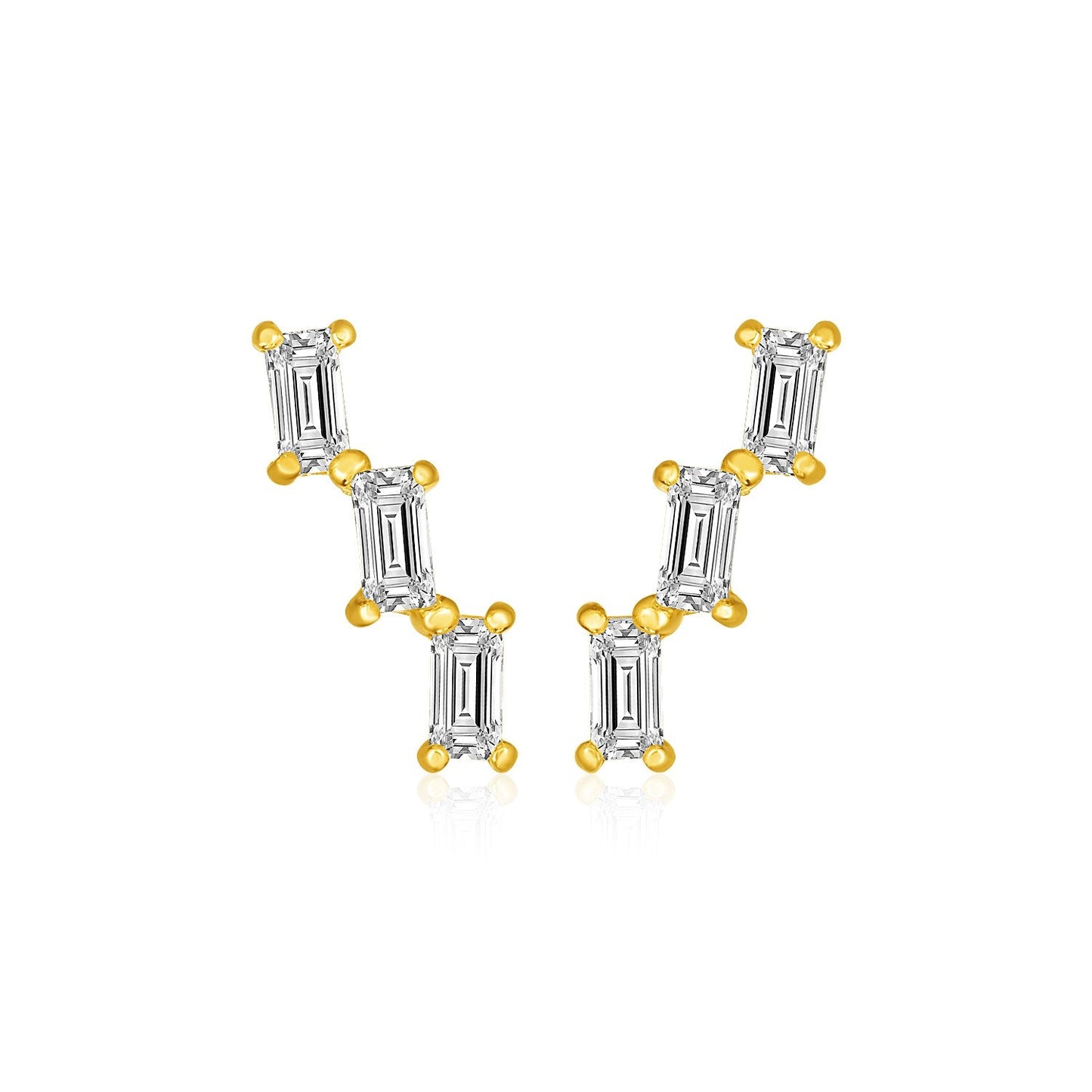 14k Yellow Gold Climber Post Earrings with Baguette Cubic Zirconias-0