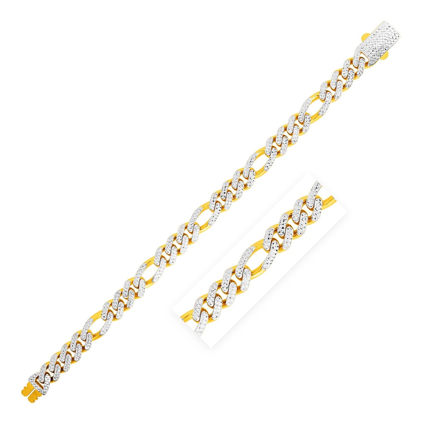 14k Yellow Gold White Pave High Polish Modern Lite Figaro Bracelet (9.5mm)-0