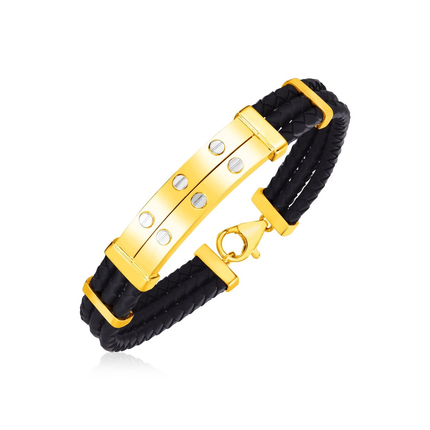 14k Yellow Gold and Rubber Mens Bracelet with Two Riveted Bars-0