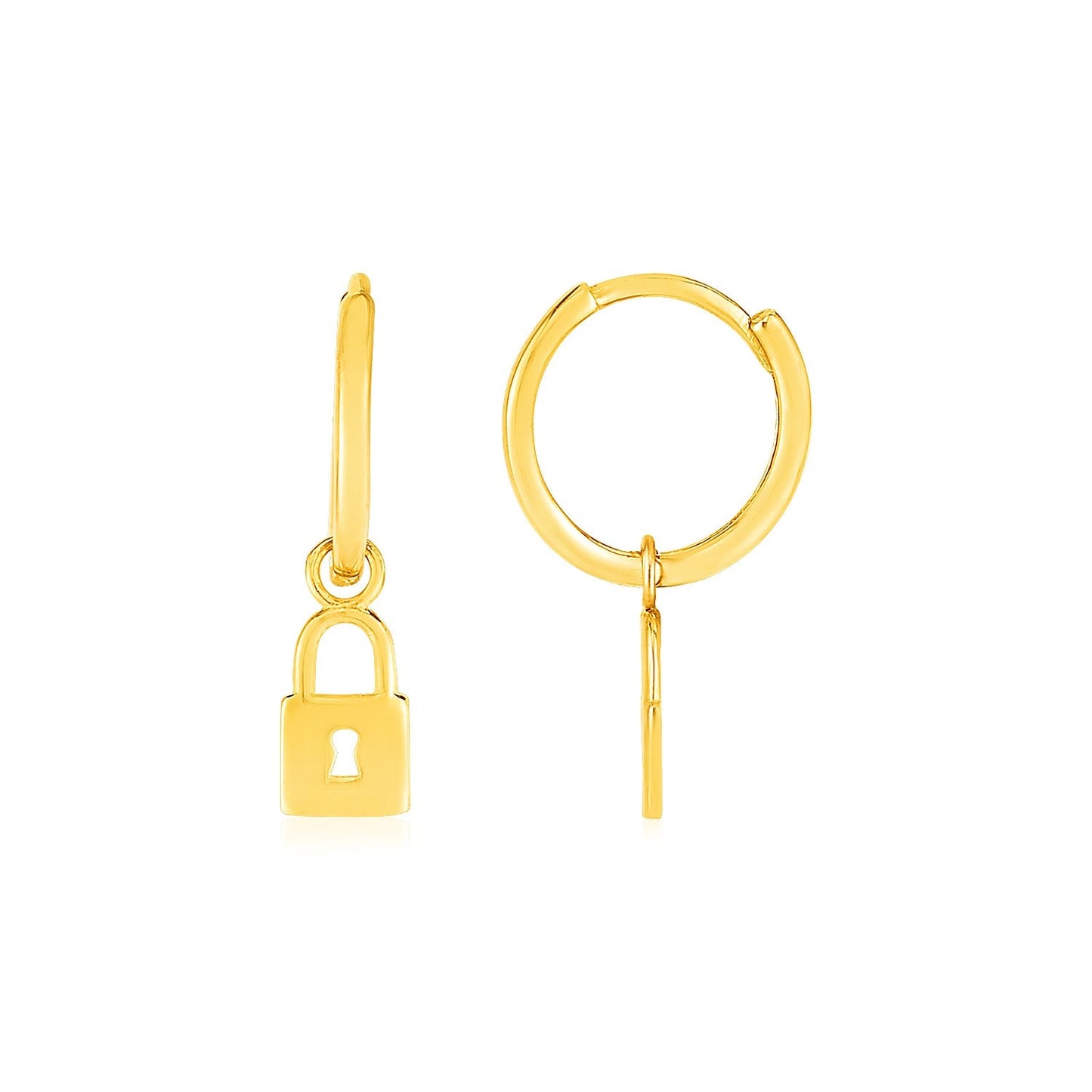14k Yellow Gold Huggie Style Hoop Earrings with Padlock Drops-0