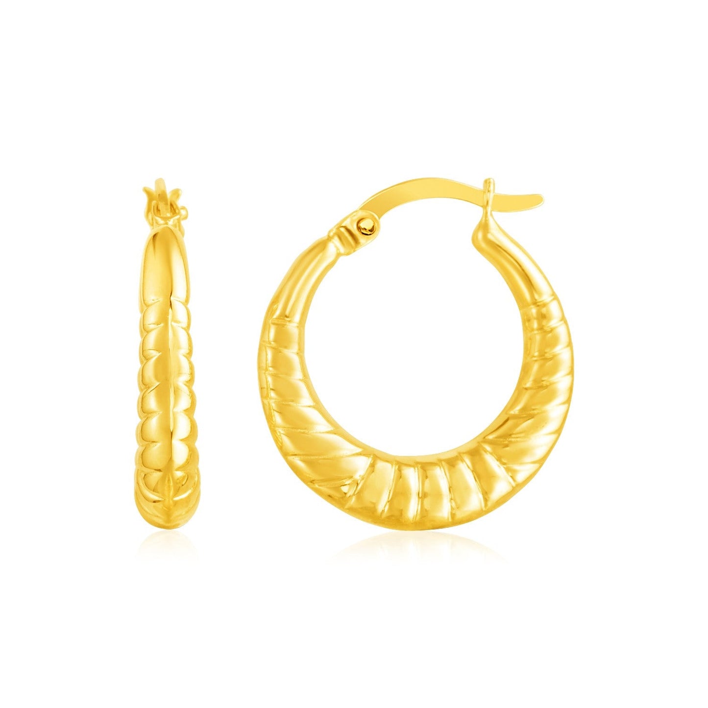 14k Yellow Gold Puffed and Scalloped Hoop Earrings-0