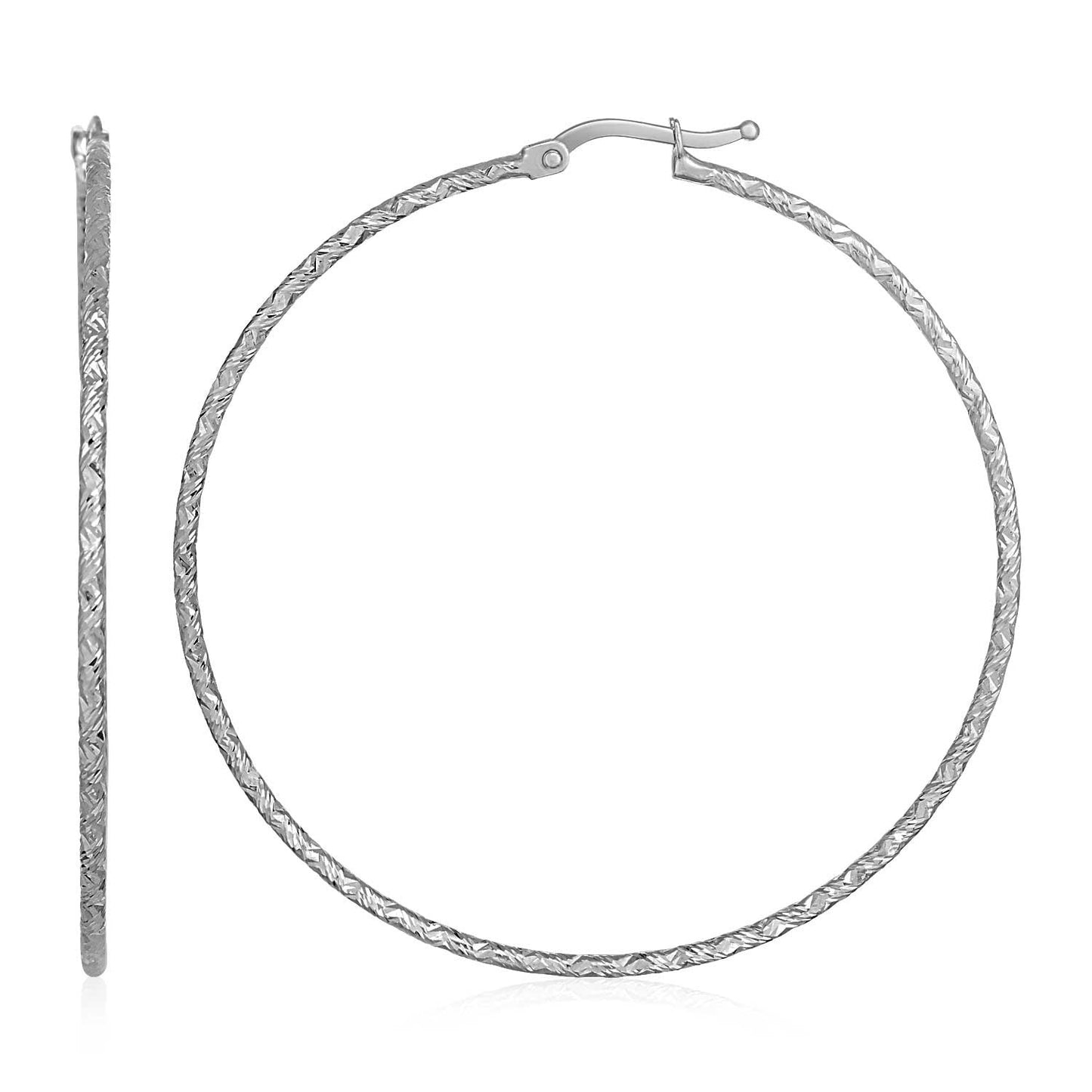 14k White Gold Large Textured Hoop Earrings (50mm Diameter) (1.5mm)-0