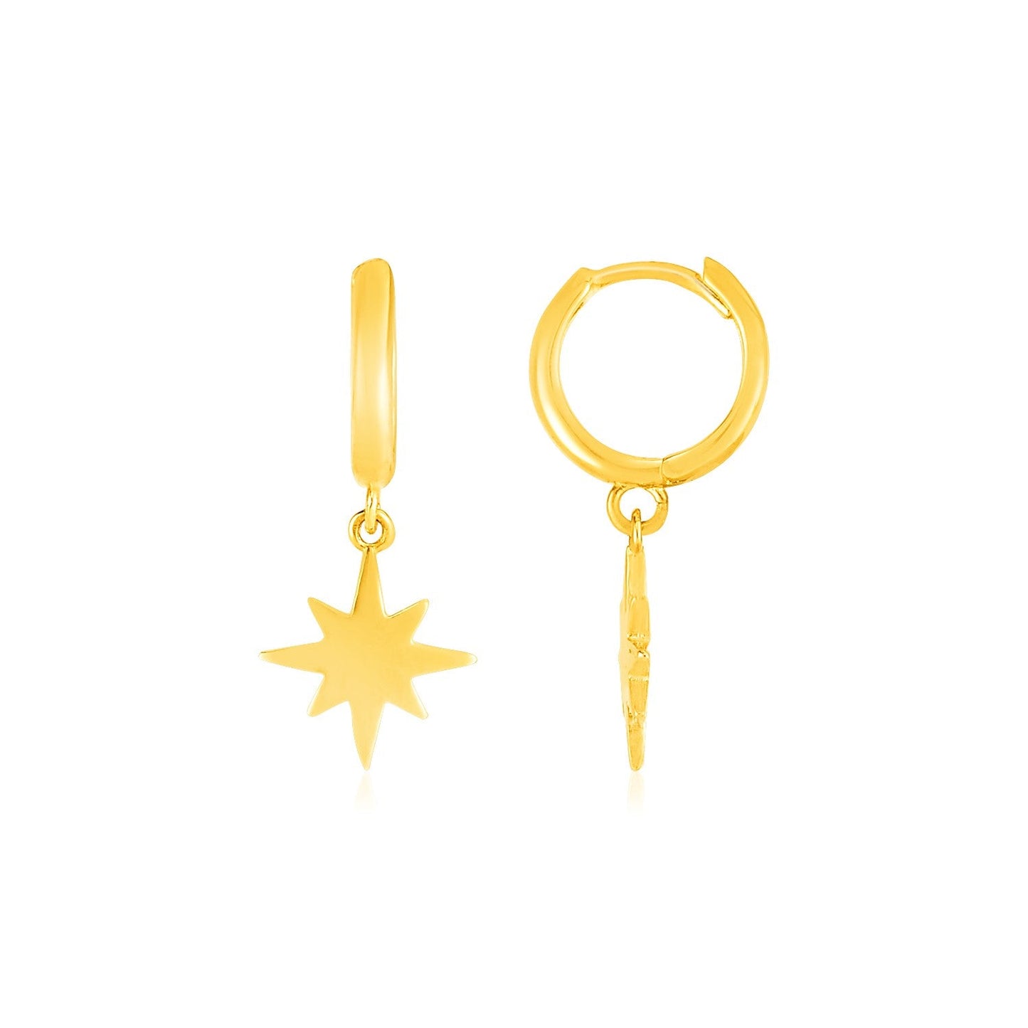 14k Yellow Gold Huggie Style Hoop Earrings with Star Drops-0