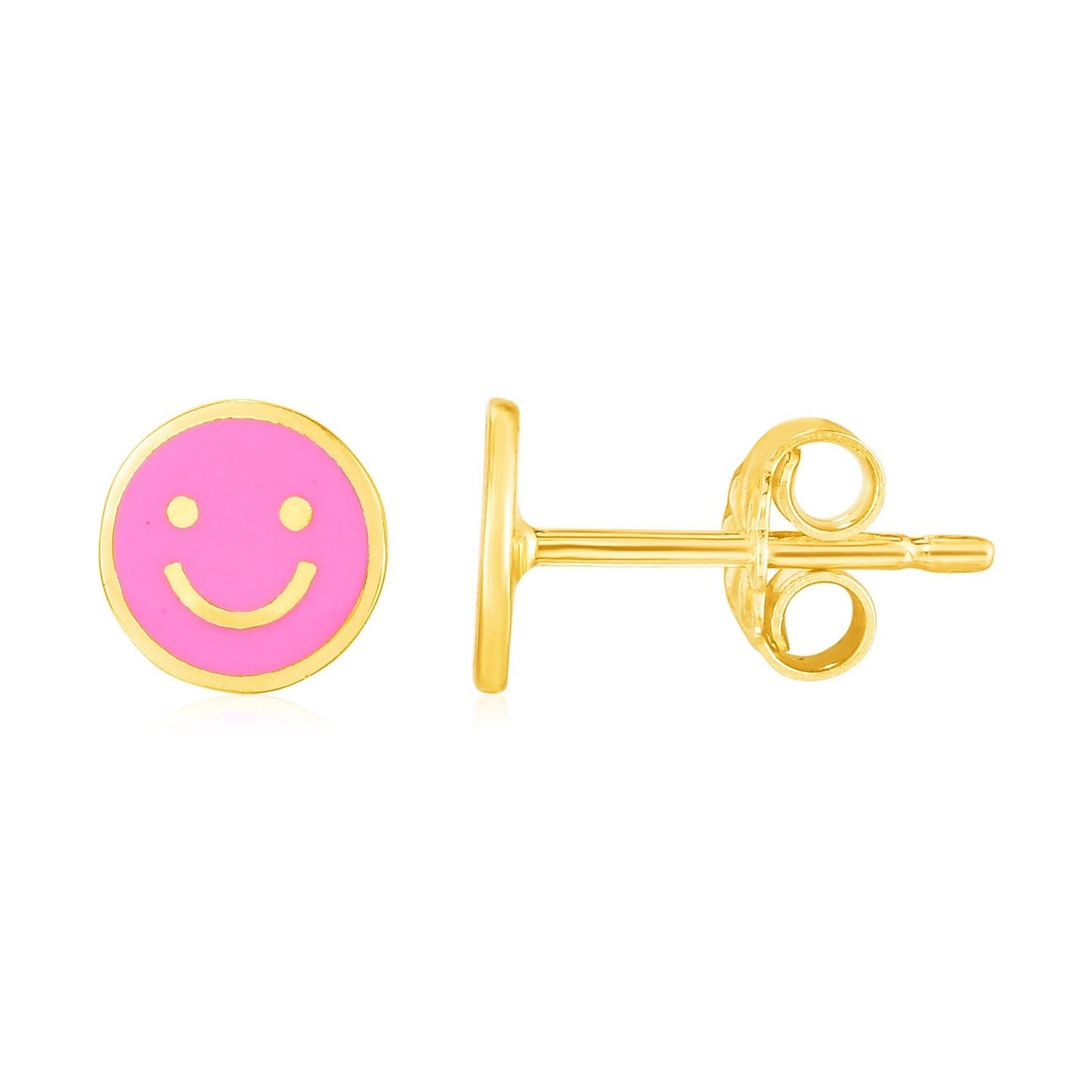 14k Yellow Gold and Enamel Pink Smiley Face Stud Earrings-0
