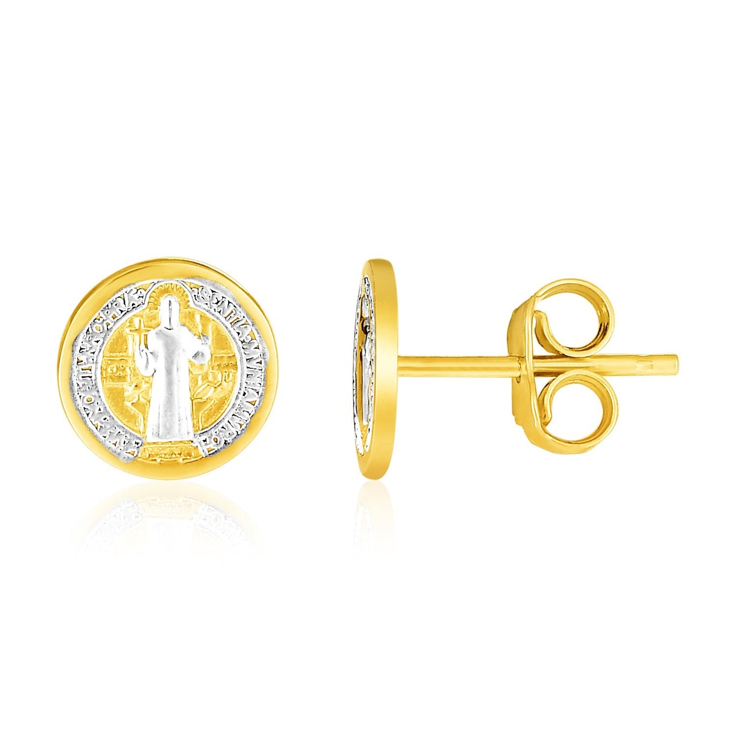 14k Two Tone Gold Round Religious Medallion Post Earrings-0