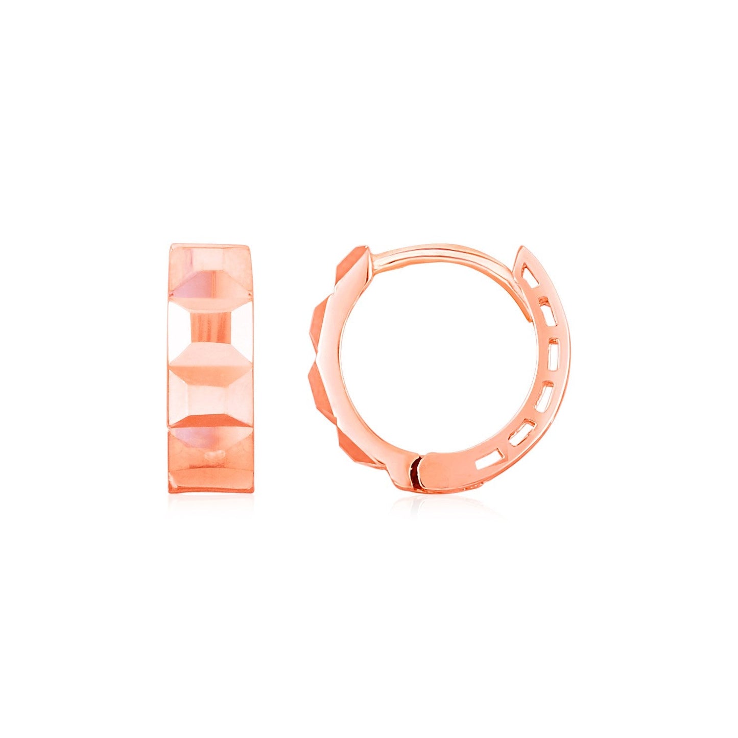 14K Rose Gold Square Motif Faceted Huggie Earrings-0