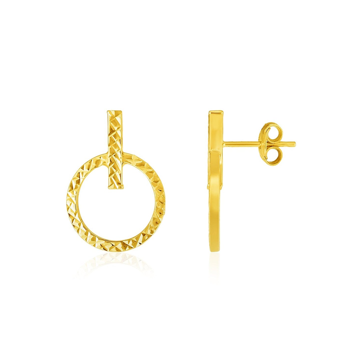 14k Yellow Gold Textured Circle and Bar Post Earrings-0