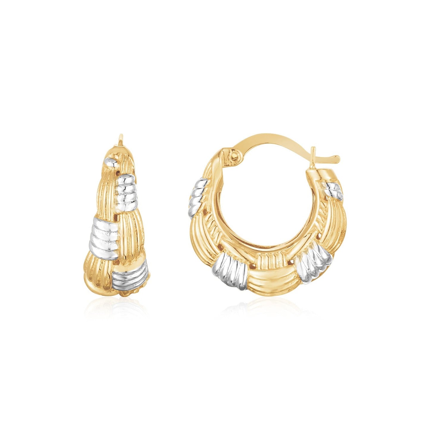 14K Two Tone Gold Graduated Woven Ribbed Hoop Earrings-0