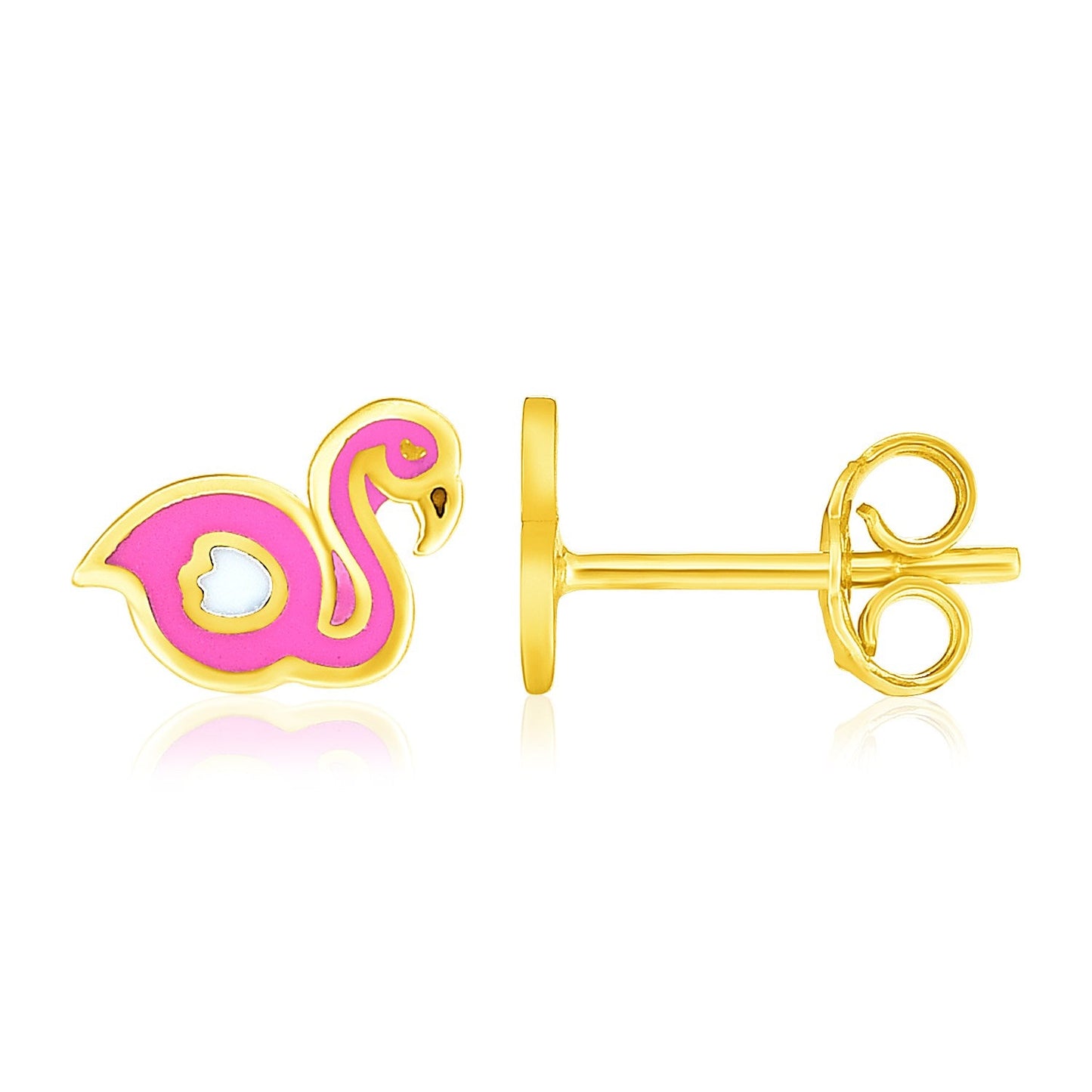 14k Yellow Gold Enameled Flamingo Childrens Earrings-0
