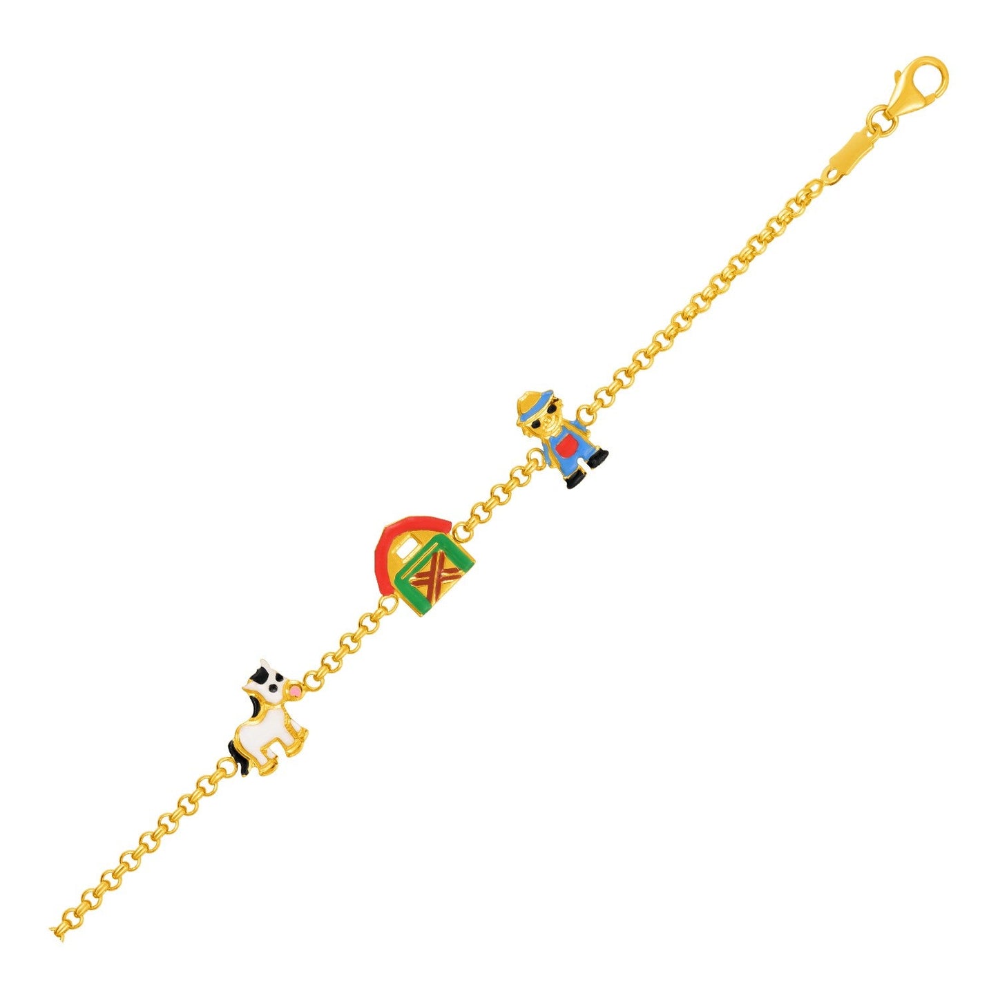 14k Yellow Gold Childrens Bracelet with Enameled Farm Figures-0
