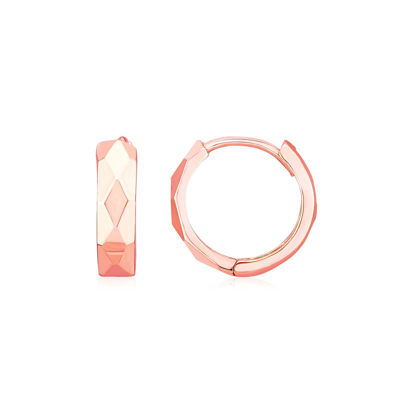 14K Rose Gold Diamond Motif Faceted Huggie Earrings-0