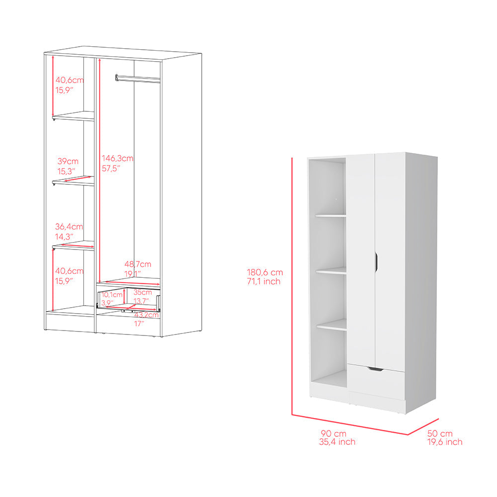 Armoire Dover with Four Storage Shelves, Drawer and Double Door, White Finish-6