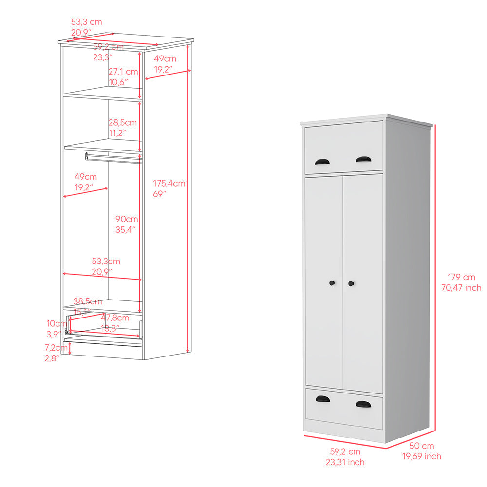Armoire with Two-Doors Dumas, Top Hinged Drawer and 1-Drawer, White Finish-6