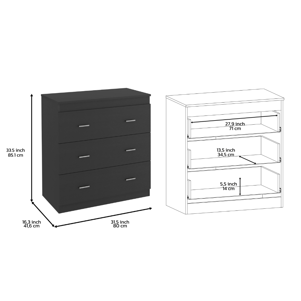 Three Drawer Dresser Litress, Metal Handles, Black Wengue Finish-7
