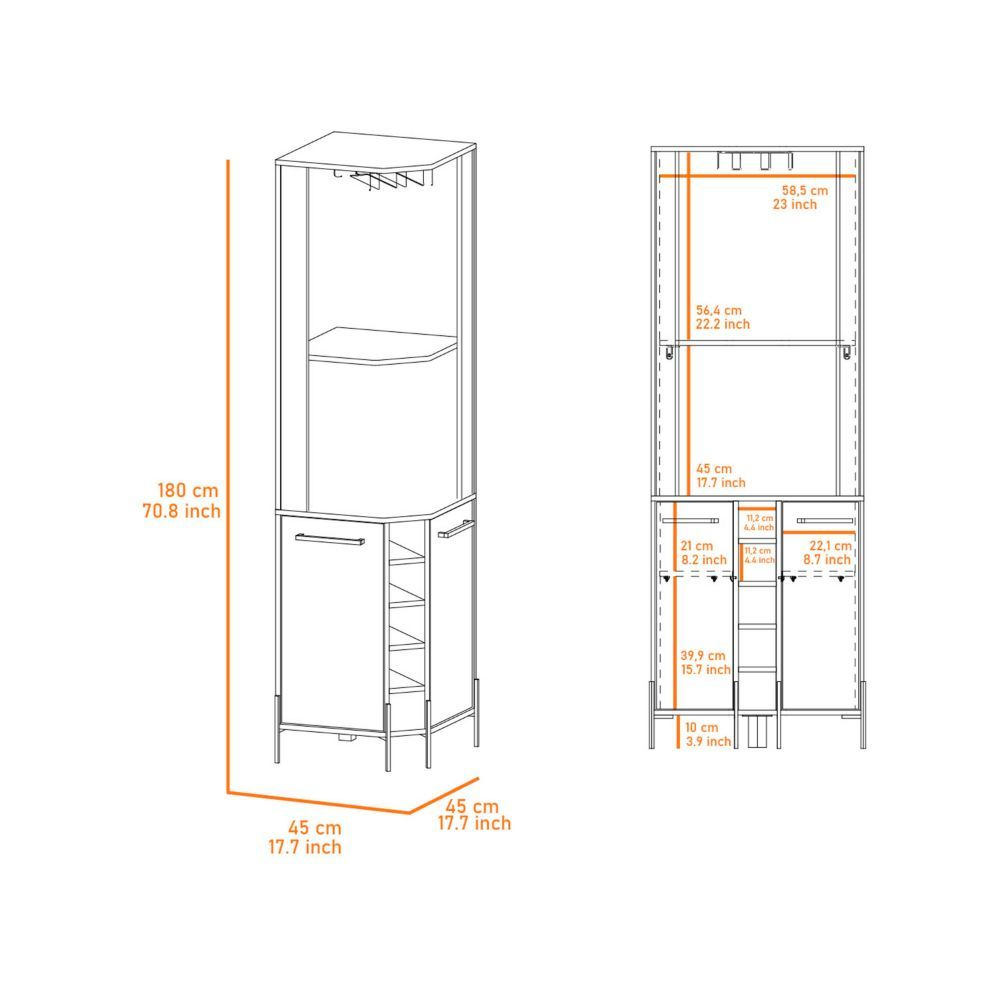 Corner Bar Cabinet Shopron, Two Shelves, Five Wine Cubbies, Aged Oak Finish-8