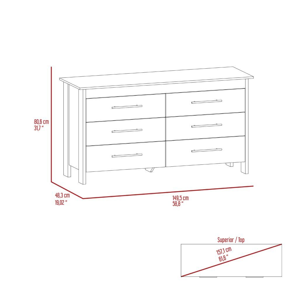 6 Drawer Double Dresser Wezz, Four Legs, Superior Top, Light Oak / White Finish-7