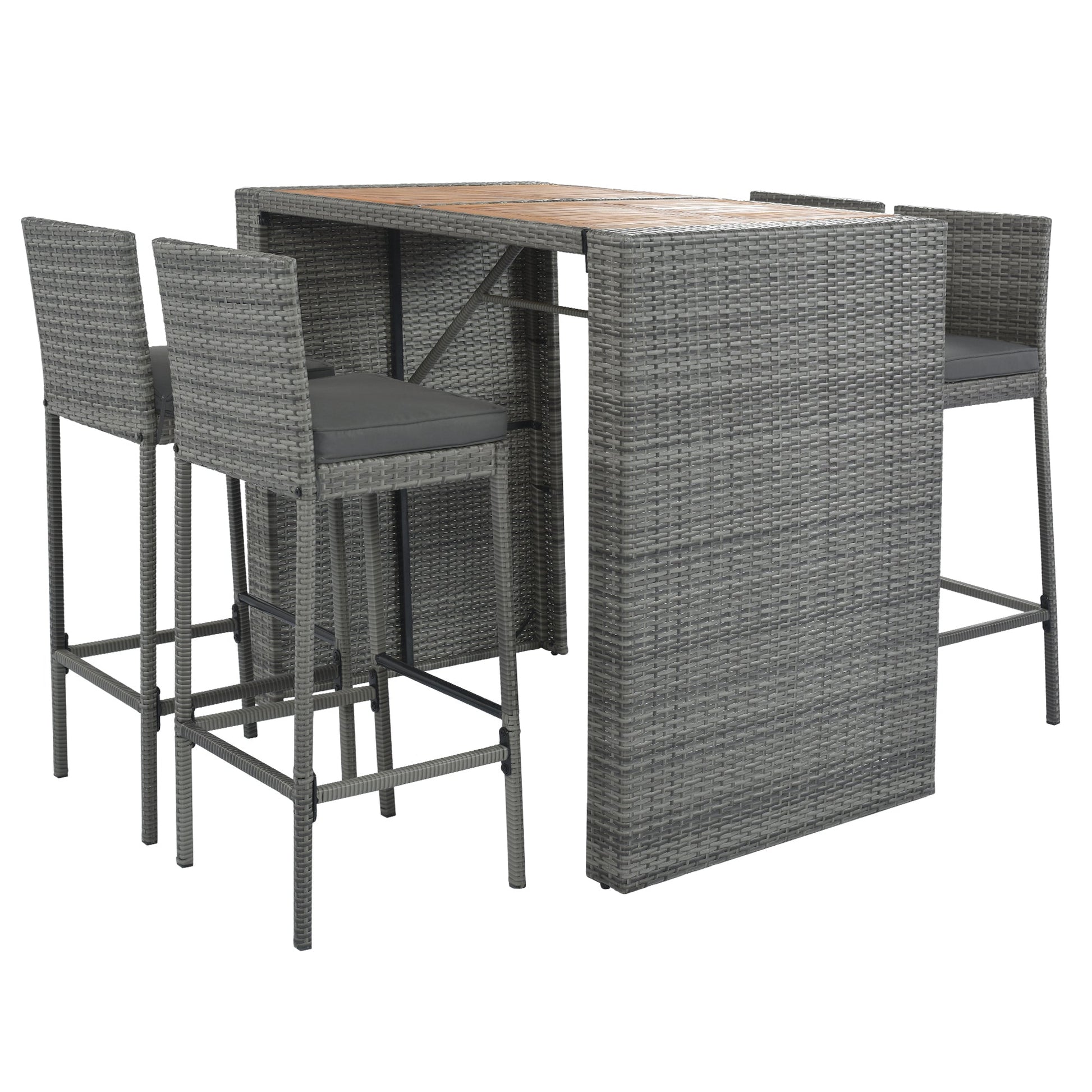 GO 5-pieces Outdoor Patio Wicker Bar Set, Bar Height Chairs With Non-Slip Feet And Fixed Rope, Removable Cushion, Acacia Wood Table Top, Brown Wood-6