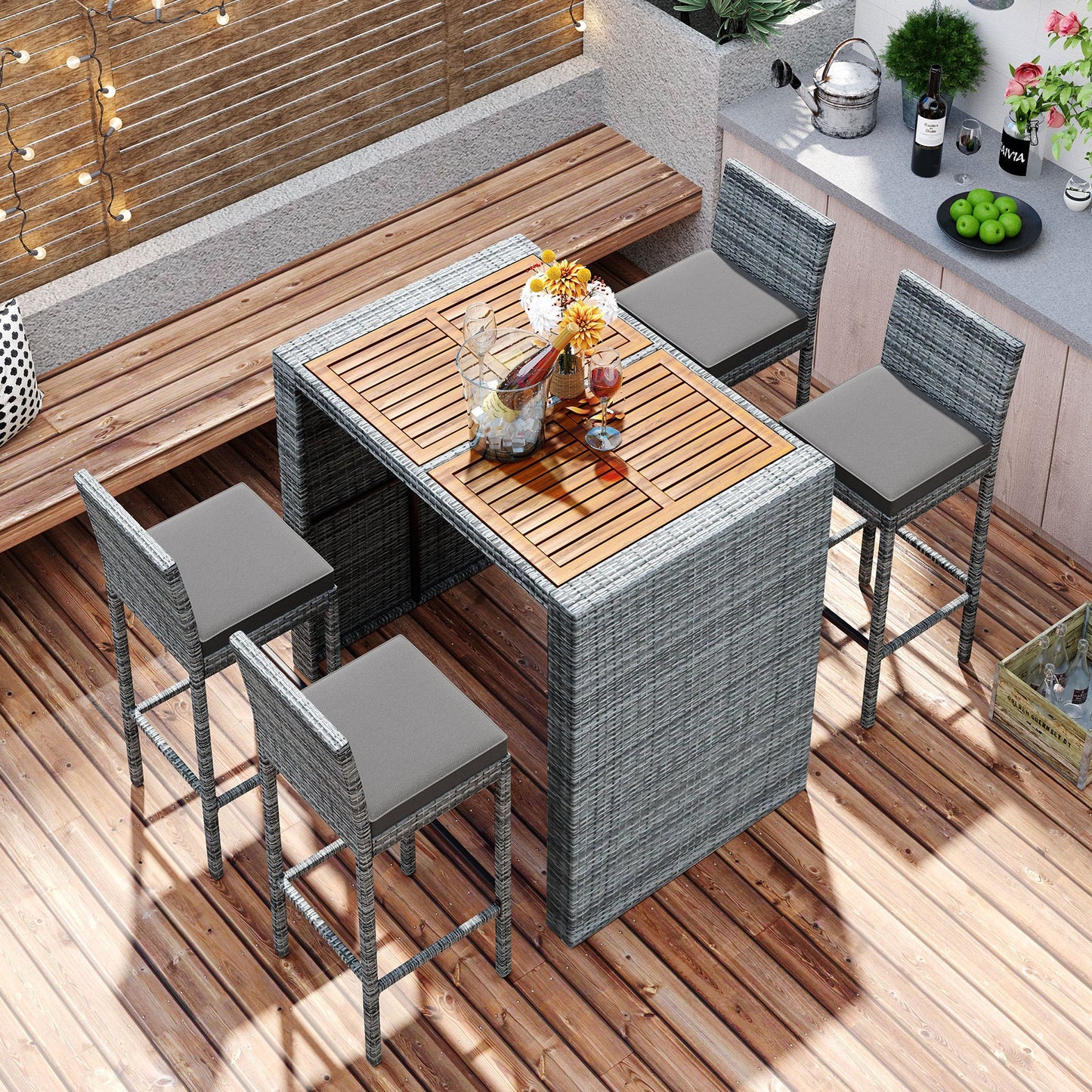 GO 5-pieces Outdoor Patio Wicker Bar Set, Bar Height Chairs With Non-Slip Feet And Fixed Rope, Removable Cushion, Acacia Wood Table Top, Brown Wood-1