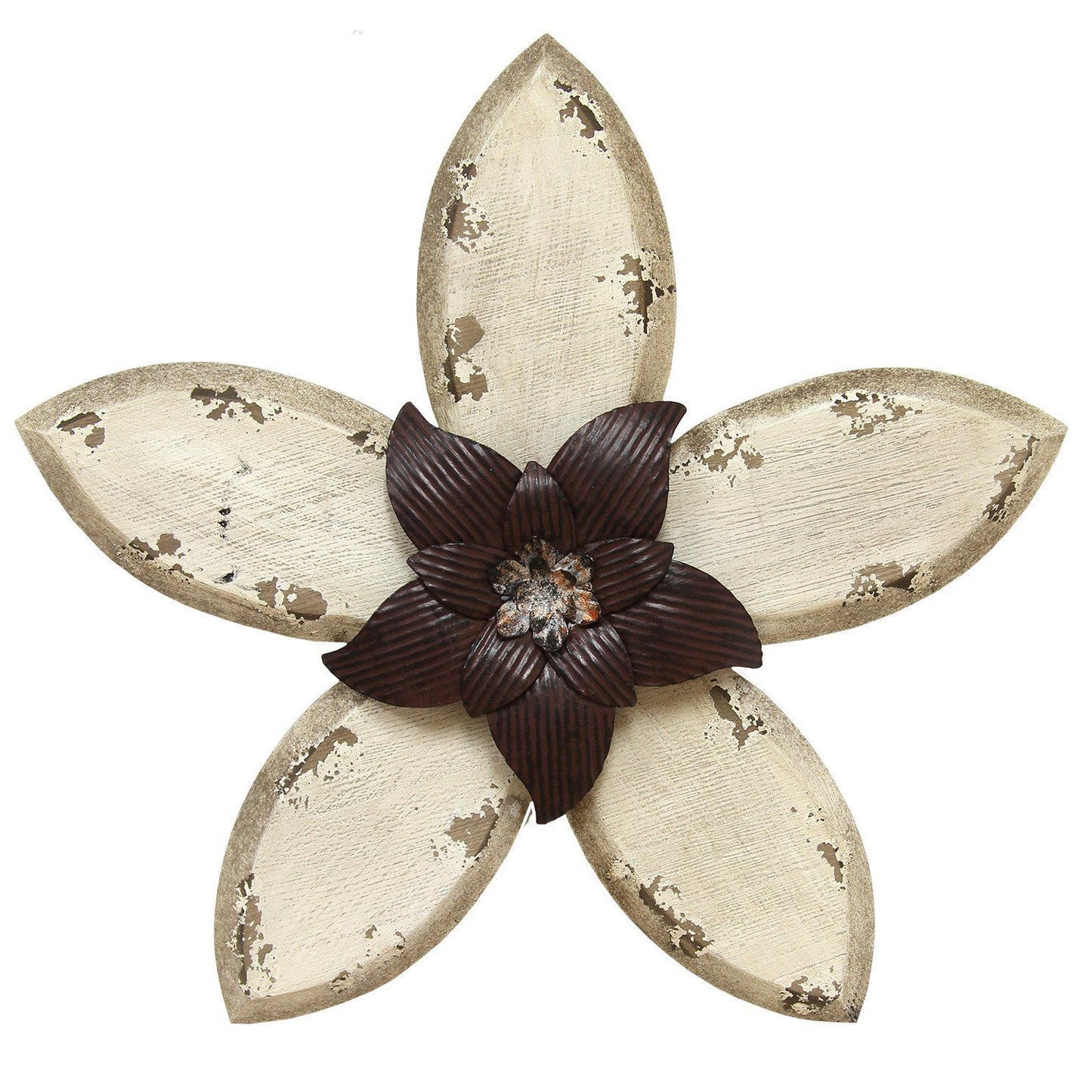14" X 15" Espresso Brown Wood and Metal Flower Hanging Dimensional Sculpture