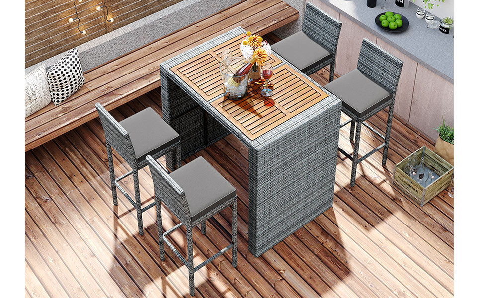 GO 5-pieces Outdoor Patio Wicker Bar Set, Bar Height Chairs With Non-Slip Feet And Fixed Rope, Removable Cushion, Acacia Wood Table Top, Brown Wood-4