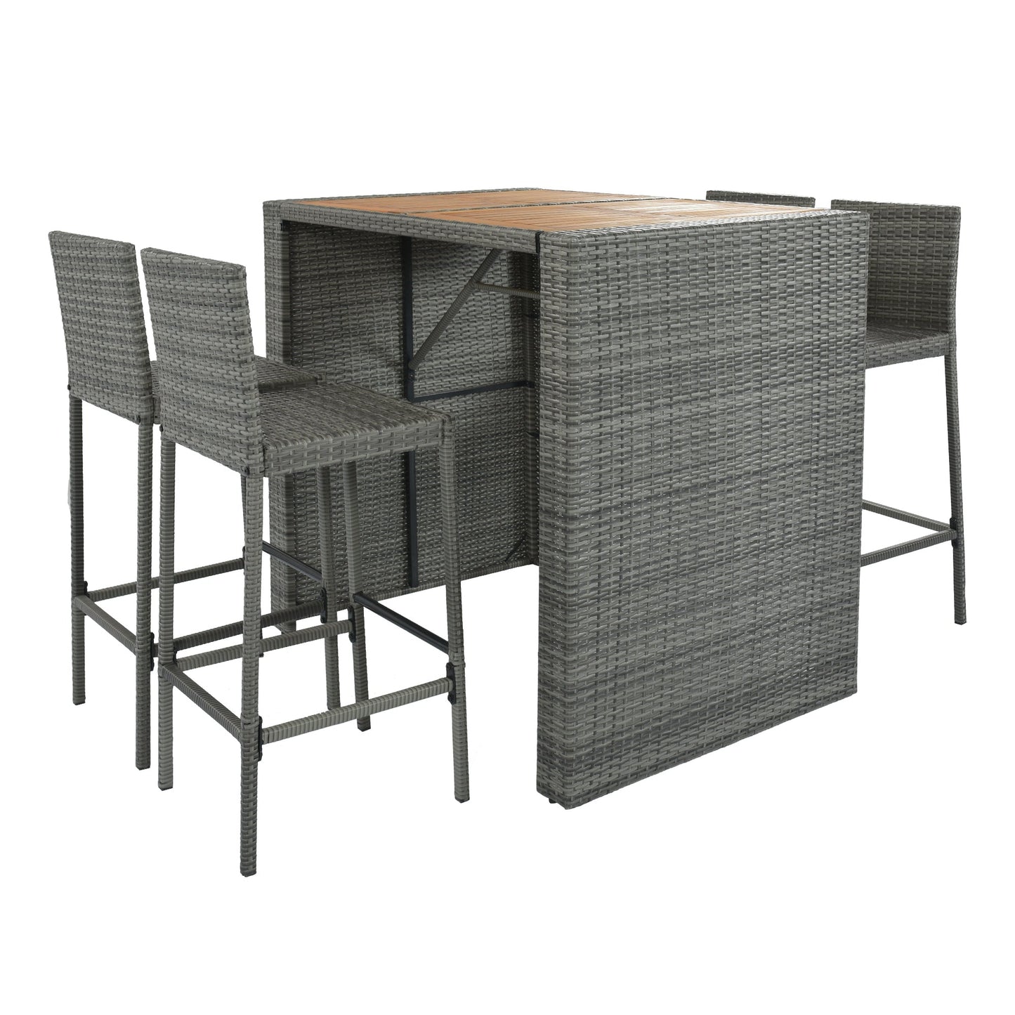 GO 5-pieces Outdoor Patio Wicker Bar Set, Bar Height Chairs With Non-Slip Feet And Fixed Rope, Removable Cushion, Acacia Wood Table Top, Brown Wood-9