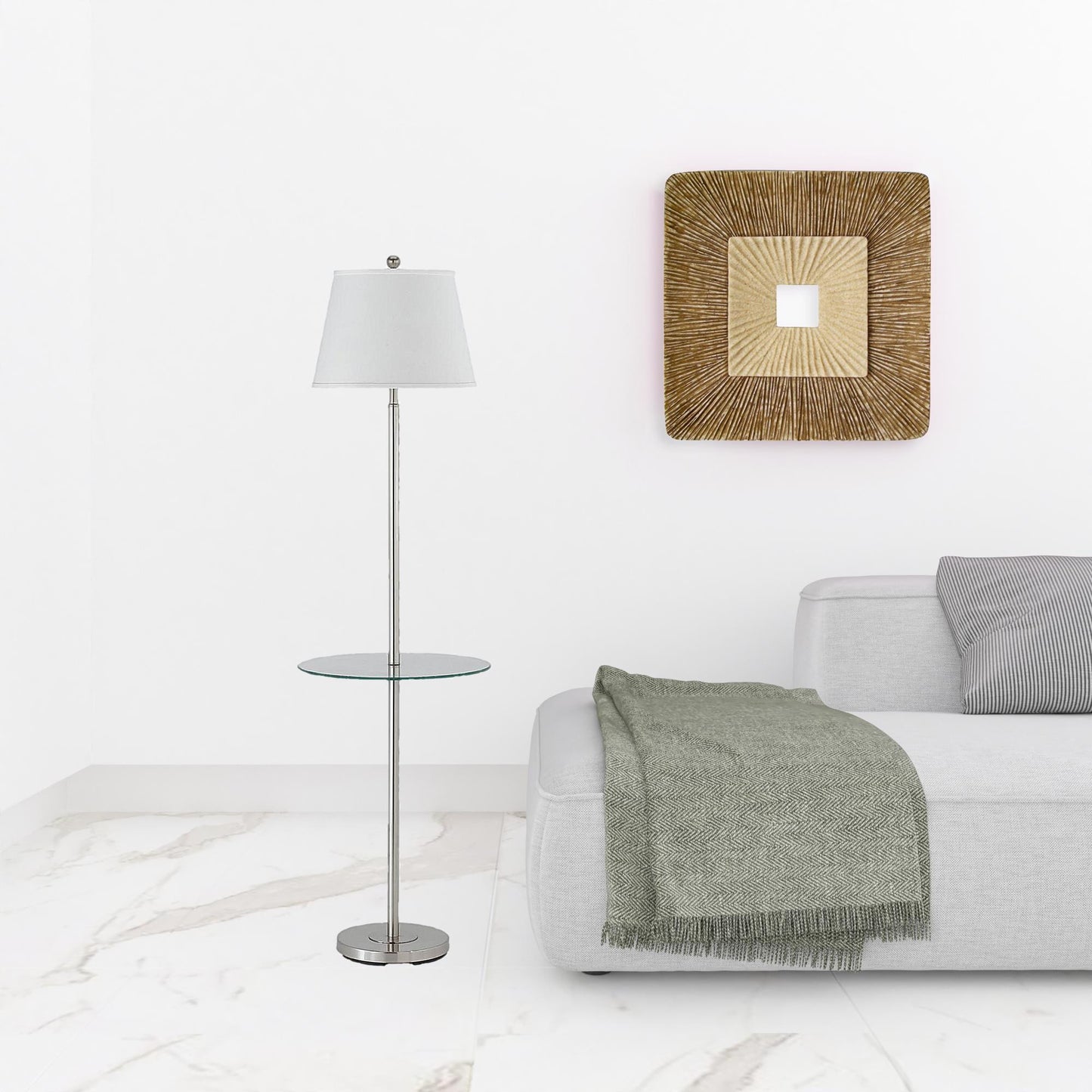 60" Nickel Tray Table Floor Lamp With White Transparent Glass Square Shade