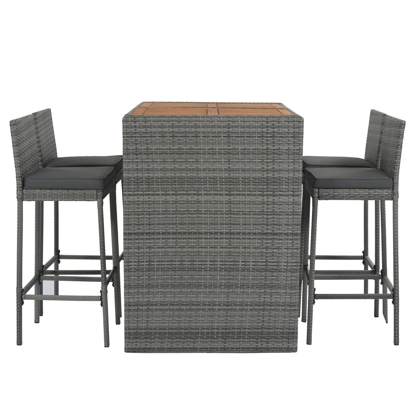 GO 5-pieces Outdoor Patio Wicker Bar Set, Bar Height Chairs With Non-Slip Feet And Fixed Rope, Removable Cushion, Acacia Wood Table Top, Brown Wood-8