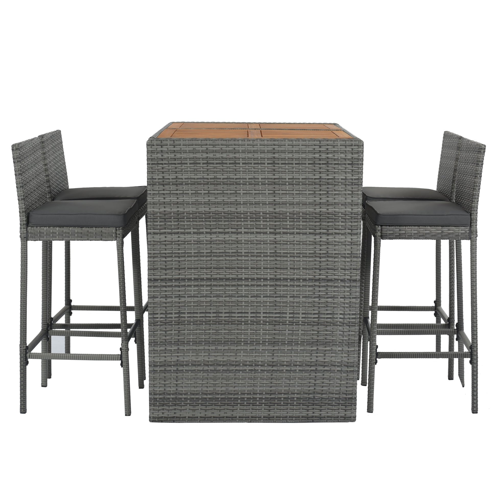 GO 5-pieces Outdoor Patio Wicker Bar Set, Bar Height Chairs With Non-Slip Feet And Fixed Rope, Removable Cushion, Acacia Wood Table Top, Brown Wood-8