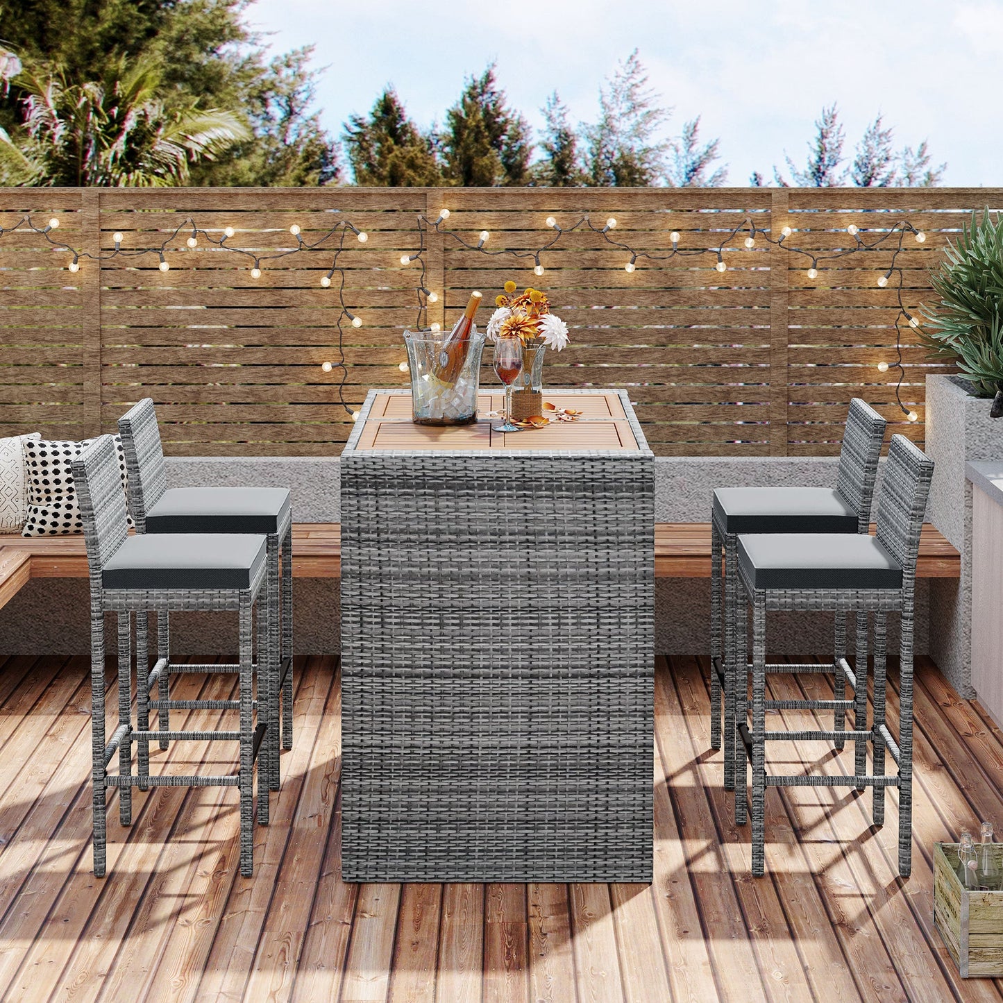 GO 5-pieces Outdoor Patio Wicker Bar Set, Bar Height Chairs With Non-Slip Feet And Fixed Rope, Removable Cushion, Acacia Wood Table Top, Brown Wood-2
