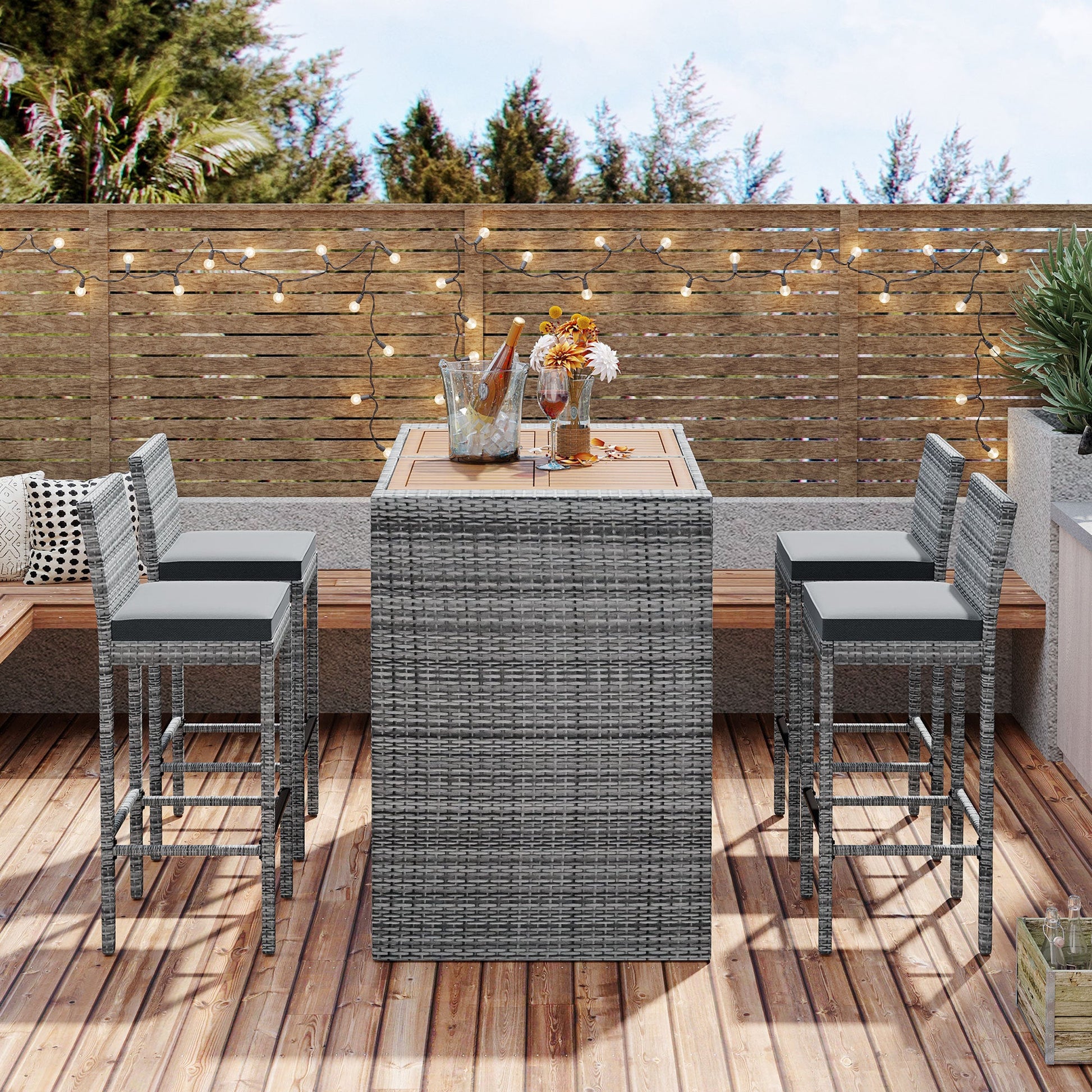 GO 5-pieces Outdoor Patio Wicker Bar Set, Bar Height Chairs With Non-Slip Feet And Fixed Rope, Removable Cushion, Acacia Wood Table Top, Brown Wood-2