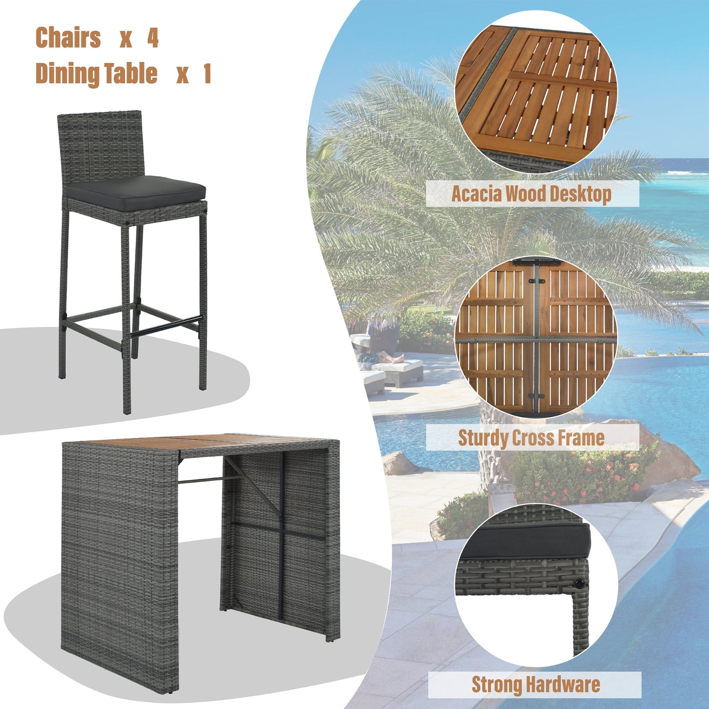 GO 5-pieces Outdoor Patio Wicker Bar Set, Bar Height Chairs With Non-Slip Feet And Fixed Rope, Removable Cushion, Acacia Wood Table Top, Brown Wood-10