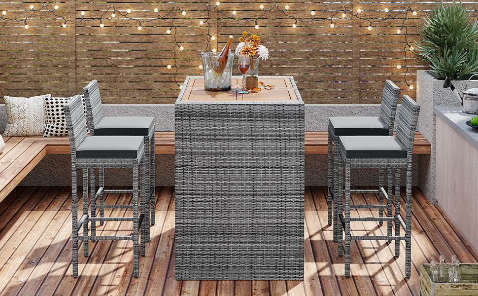 GO 5-pieces Outdoor Patio Wicker Bar Set, Bar Height Chairs With Non-Slip Feet And Fixed Rope, Removable Cushion, Acacia Wood Table Top, Brown Wood-5