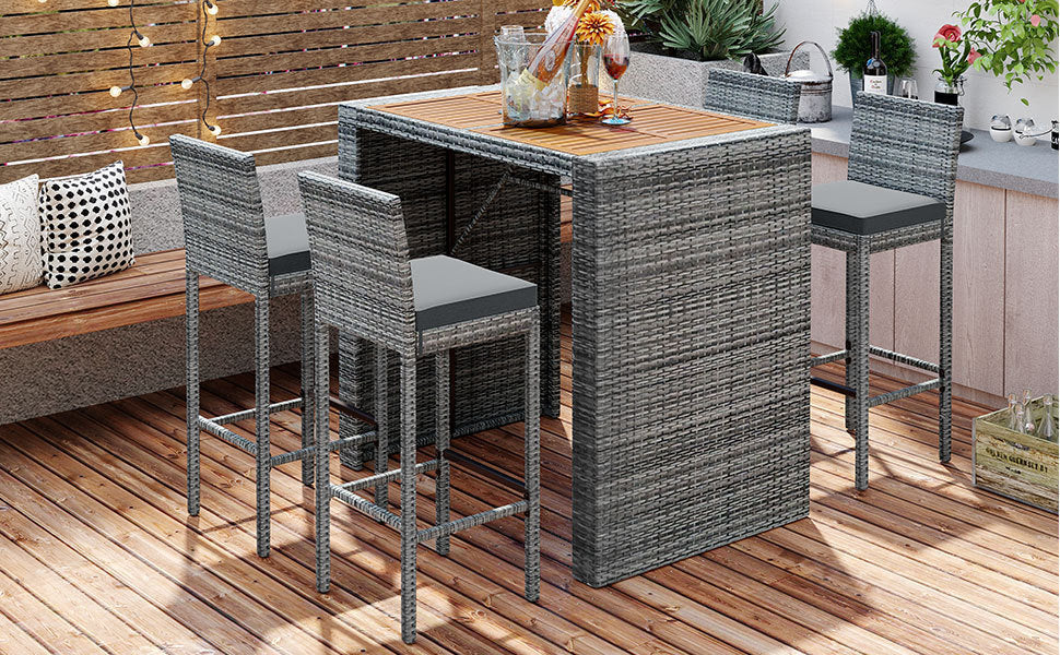GO 5-pieces Outdoor Patio Wicker Bar Set, Bar Height Chairs With Non-Slip Feet And Fixed Rope, Removable Cushion, Acacia Wood Table Top, Brown Wood-3