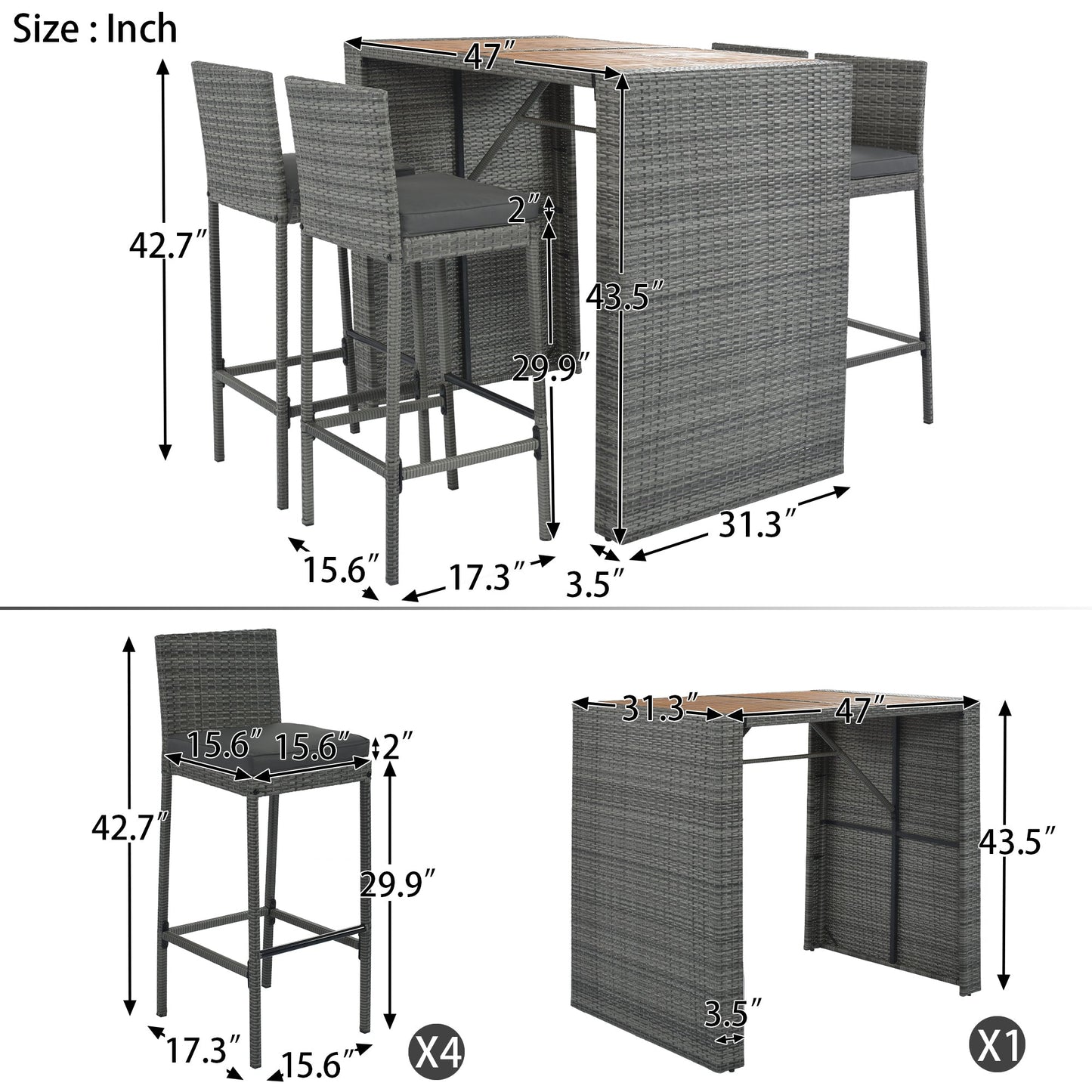 GO 5-pieces Outdoor Patio Wicker Bar Set, Bar Height Chairs With Non-Slip Feet And Fixed Rope, Removable Cushion, Acacia Wood Table Top, Brown Wood-20