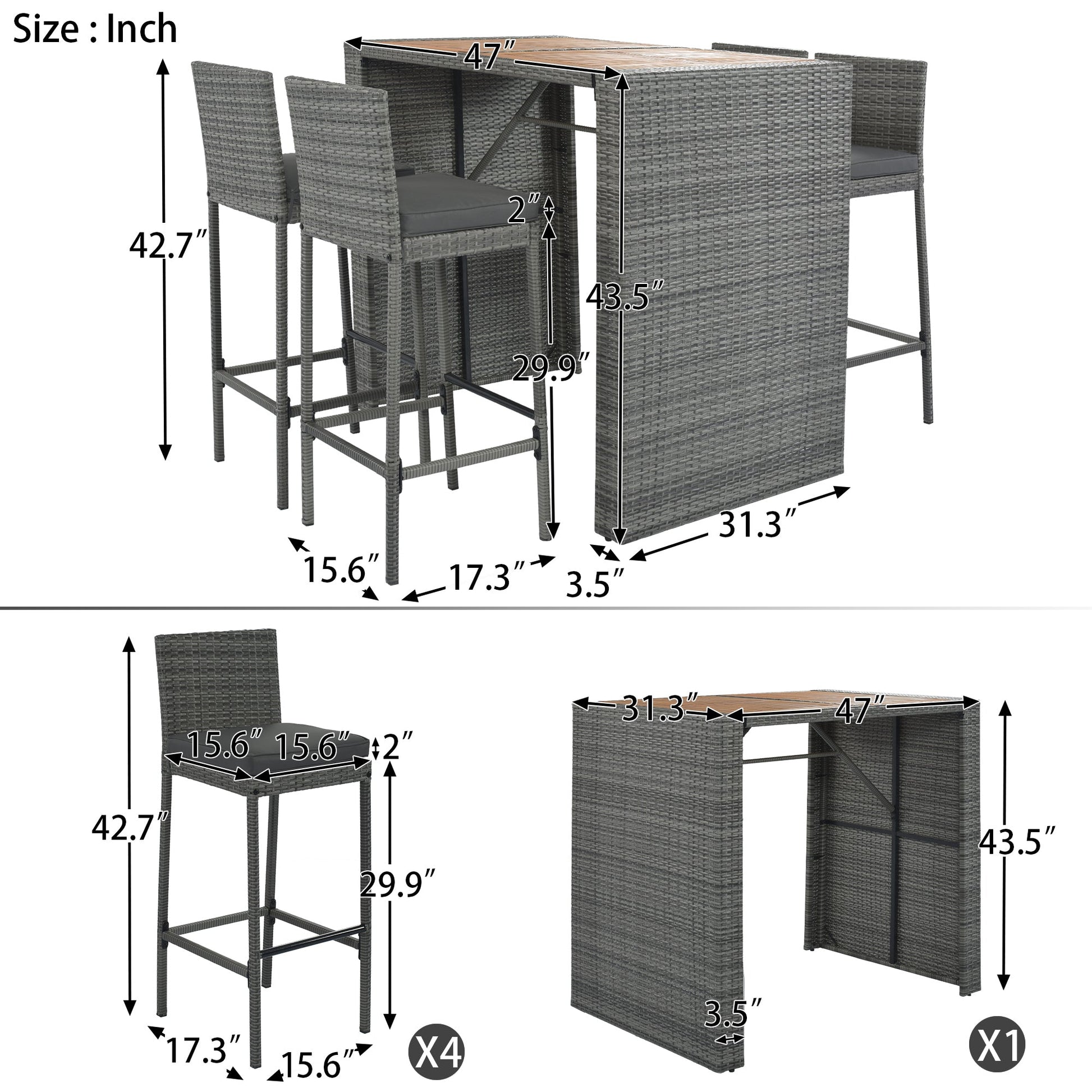 GO 5-pieces Outdoor Patio Wicker Bar Set, Bar Height Chairs With Non-Slip Feet And Fixed Rope, Removable Cushion, Acacia Wood Table Top, Brown Wood-20