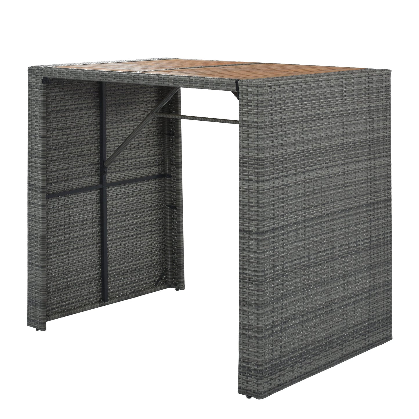 GO 5-pieces Outdoor Patio Wicker Bar Set, Bar Height Chairs With Non-Slip Feet And Fixed Rope, Removable Cushion, Acacia Wood Table Top, Brown Wood-13